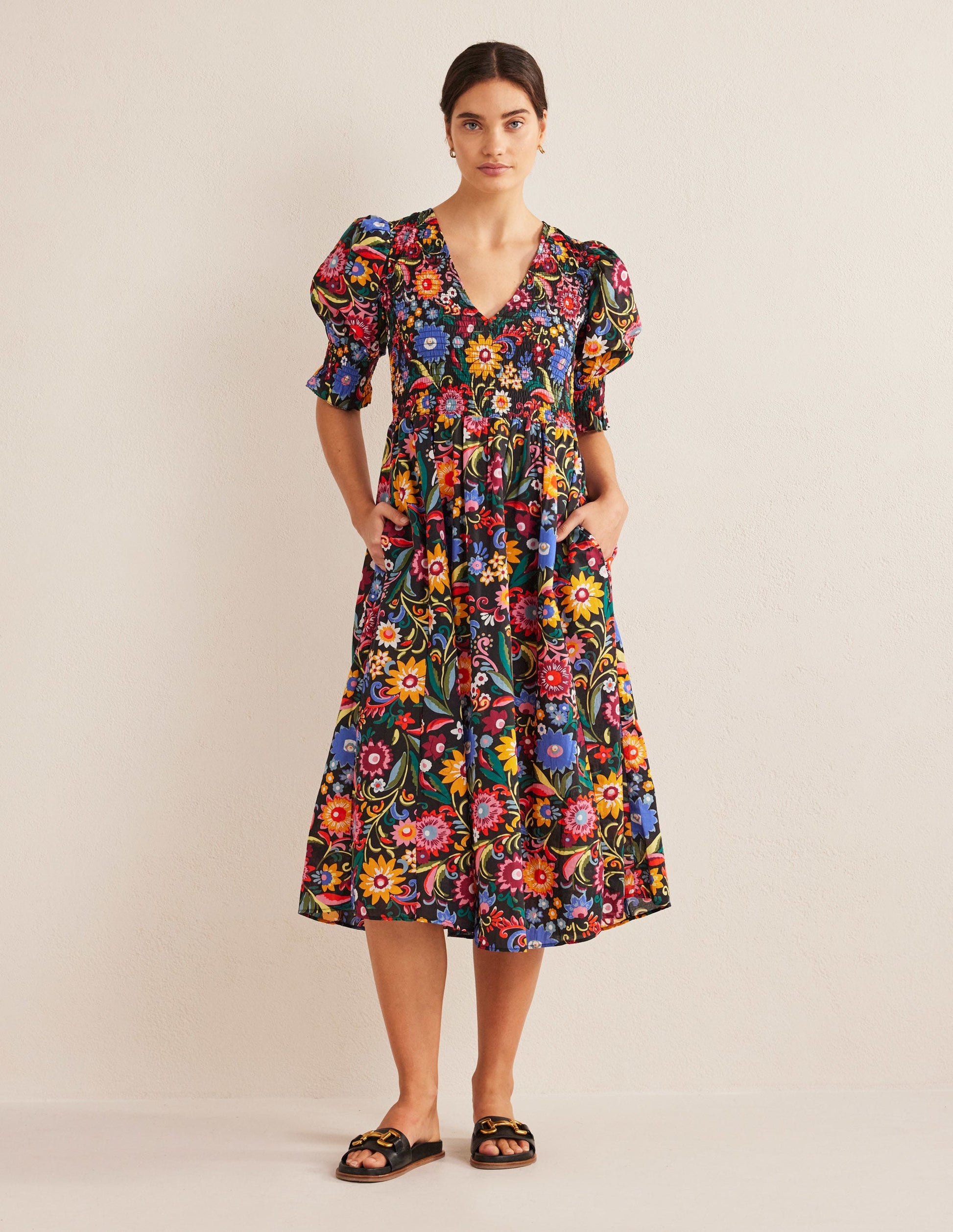 Smocked Linen Midi Dress-Black, Gardenia Pop-1