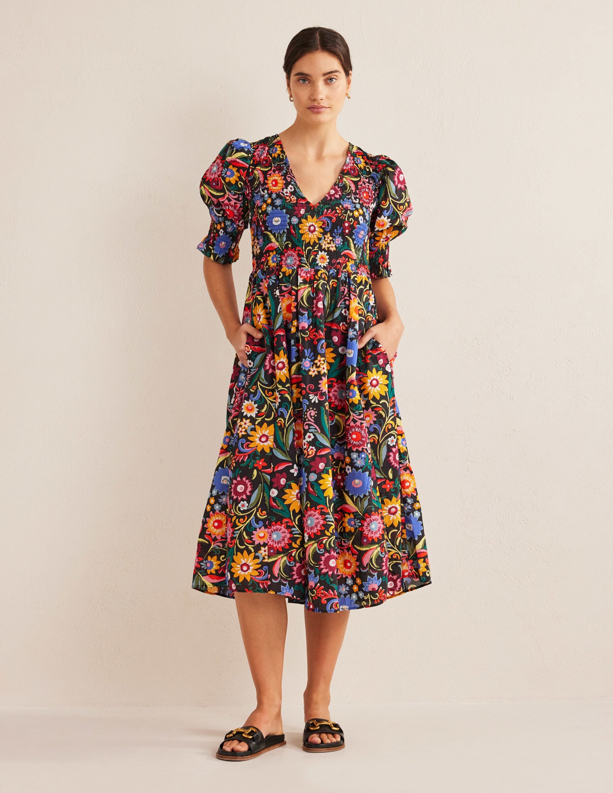 Smocked Linen Midi Dress-Black, Gardenia Pop - Image 1