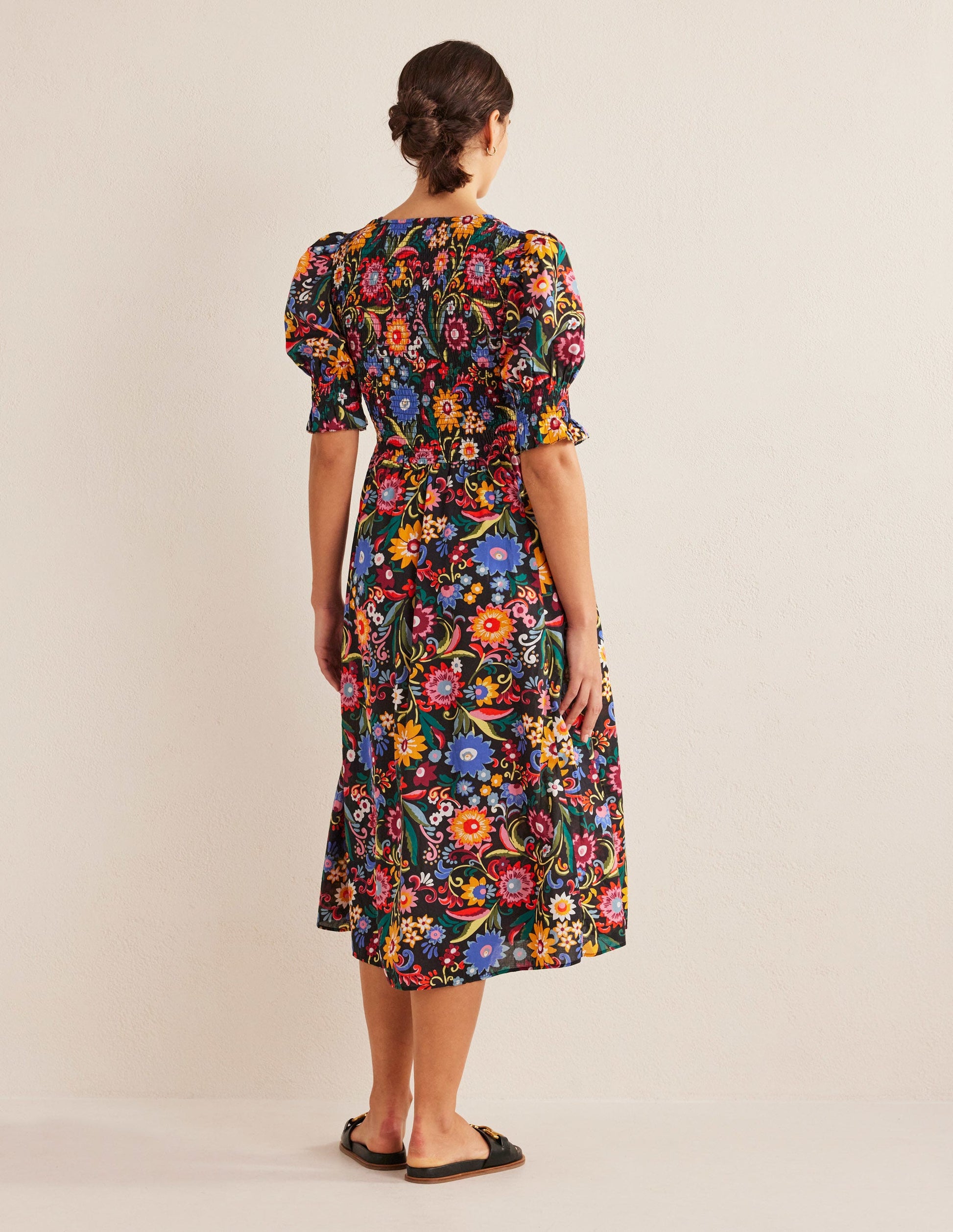 Smocked Linen Midi Dress-Black, Gardenia Pop-3