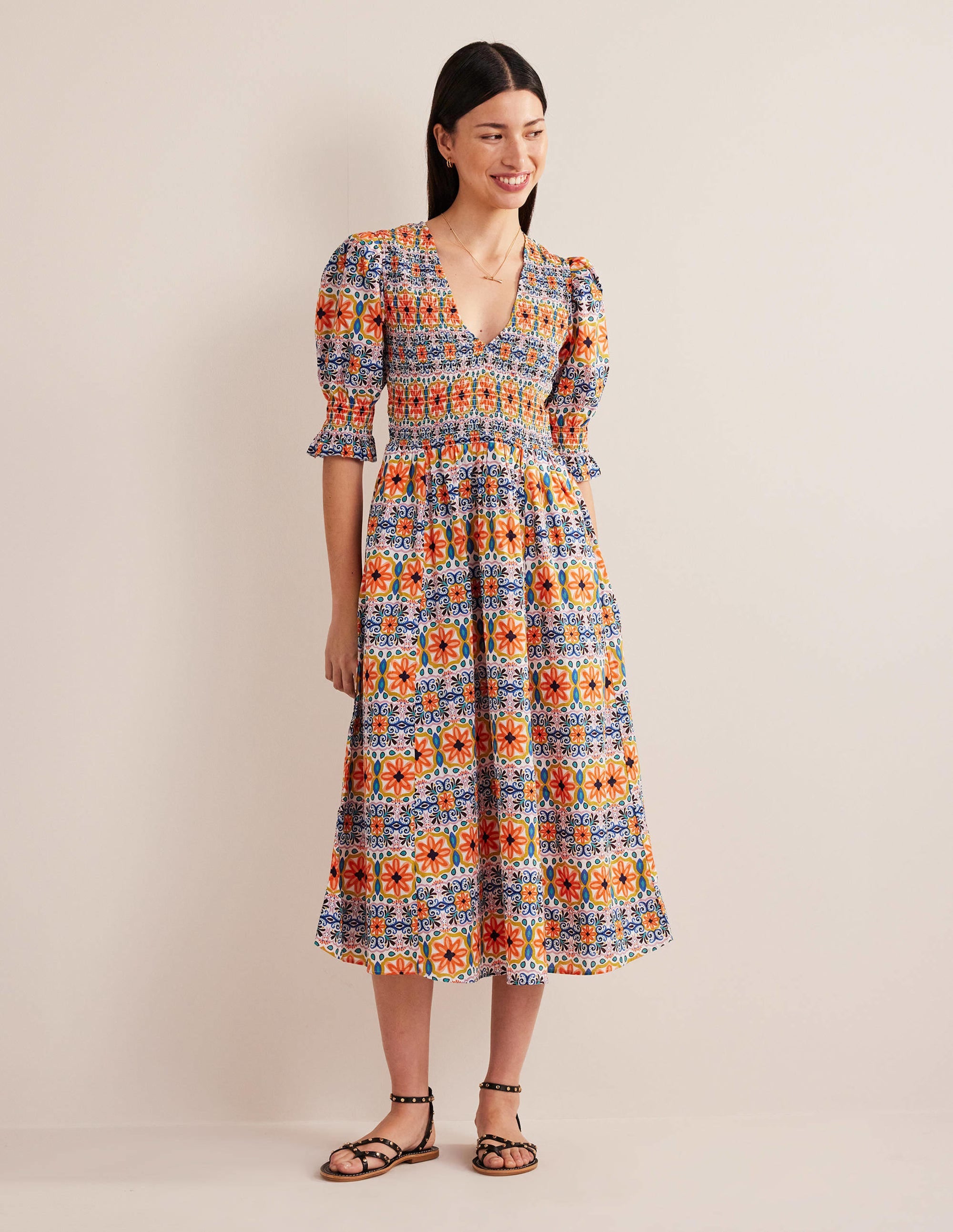 Smocked Linen Midi Dress-Multi, Tapestry Stripe - Image 1