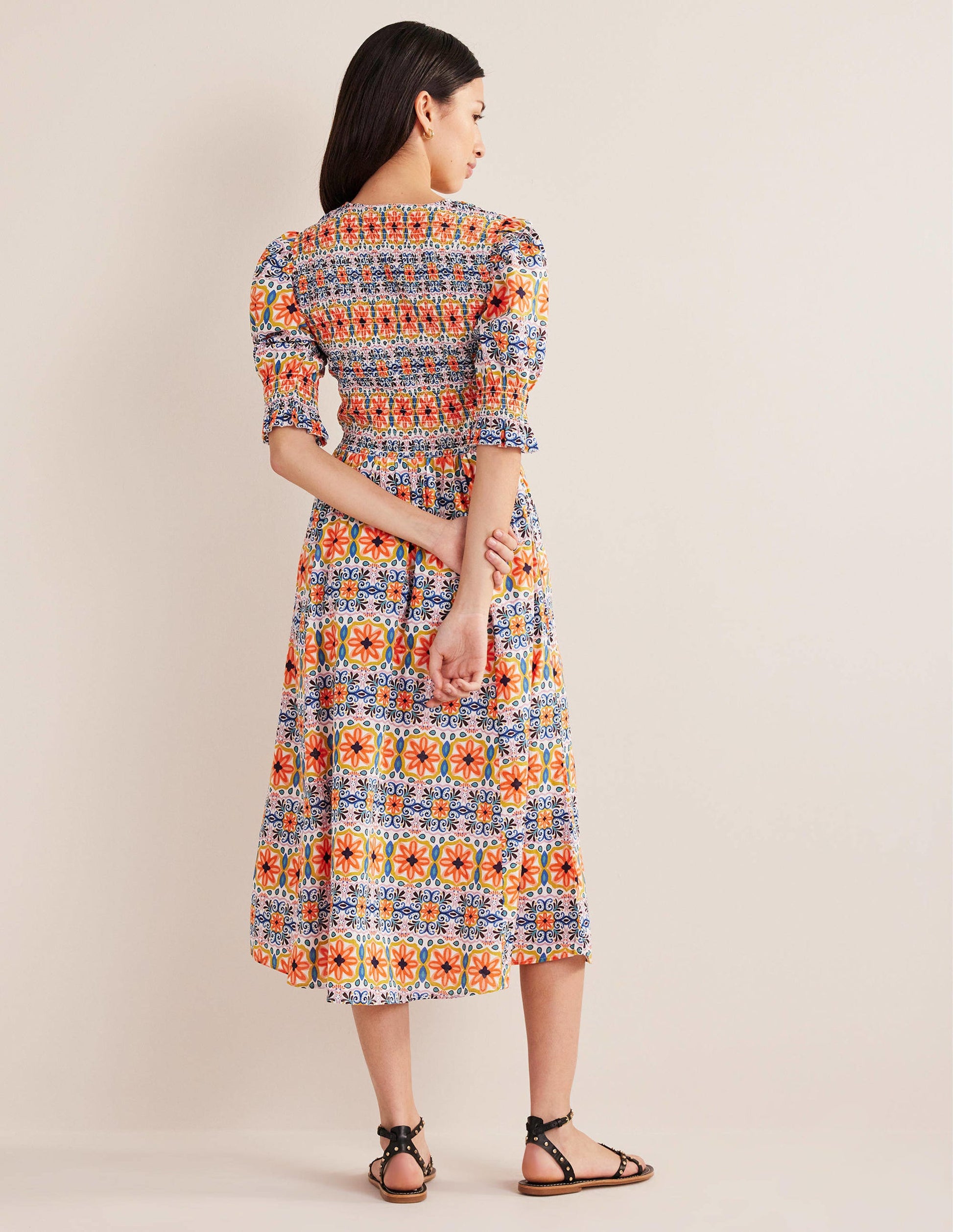 Smocked Bodice Midi Dress-Multi, Tapestry Stripe-3
