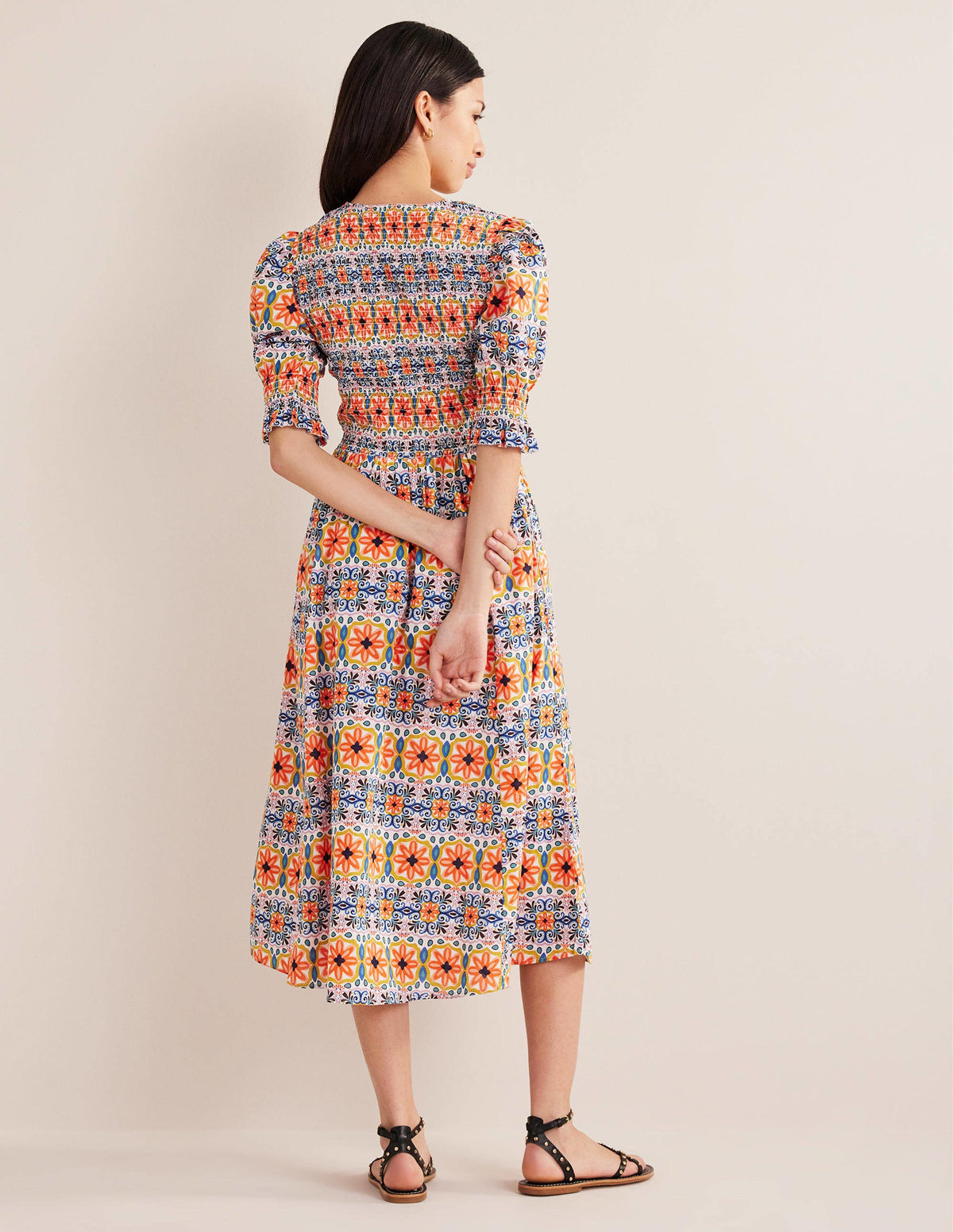 Smocked Linen Midi Dress-Multi, Tapestry Stripe - Image 3