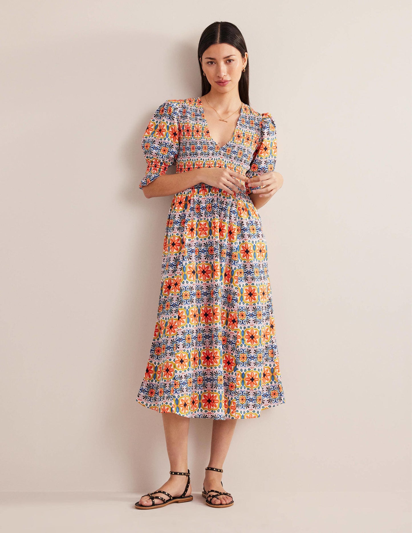 Smocked Bodice Midi Dress-Multi, Tapestry Stripe