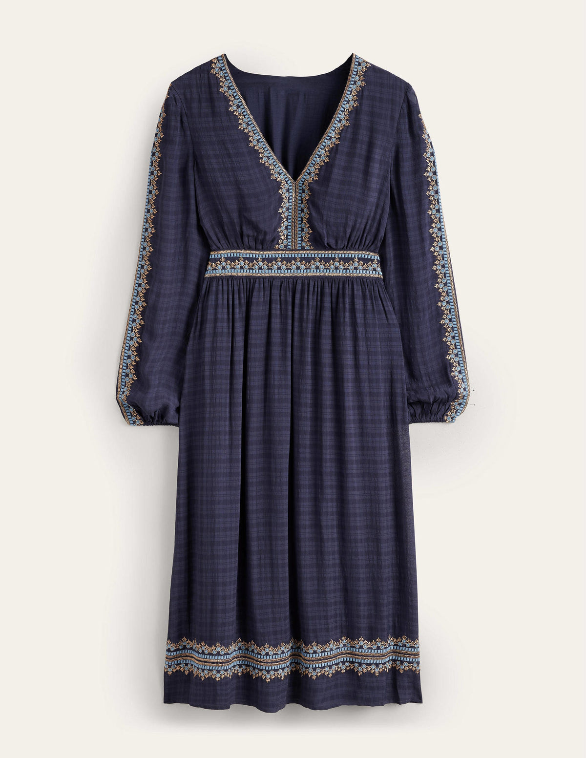 Embroidered V-neck Midi Dress-Navy-5