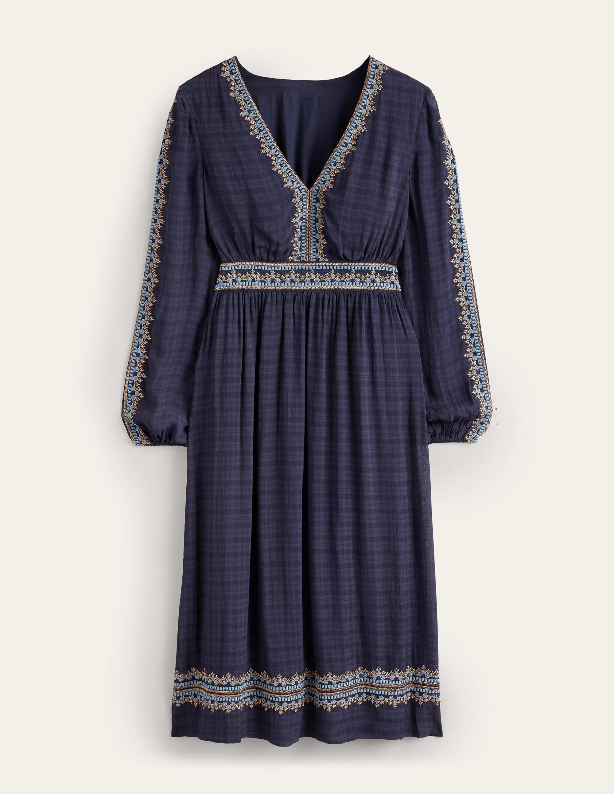 Embroidered V-neck Midi Dress-Navy - Image 5