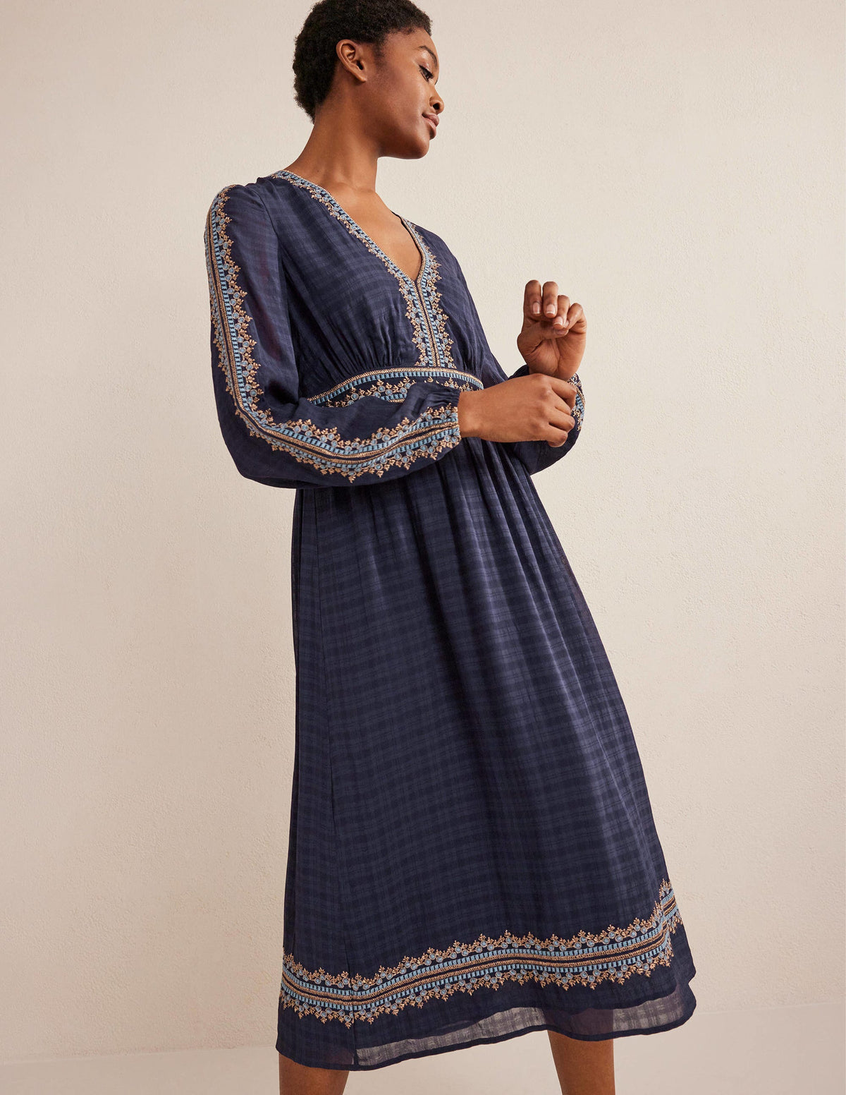 Embroidered V-neck Midi Dress-Navy - Image 1
