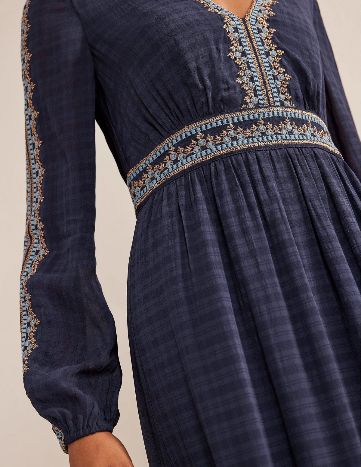 Embroidered V-neck Midi Dress-Navy-2