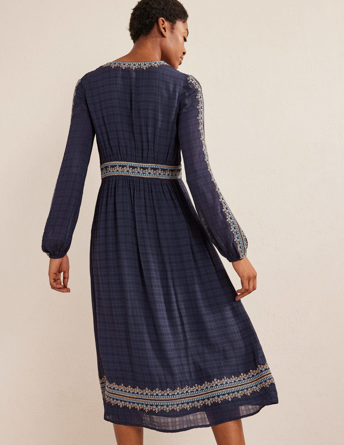 Embroidered V-neck Midi Dress-Navy - Image 3