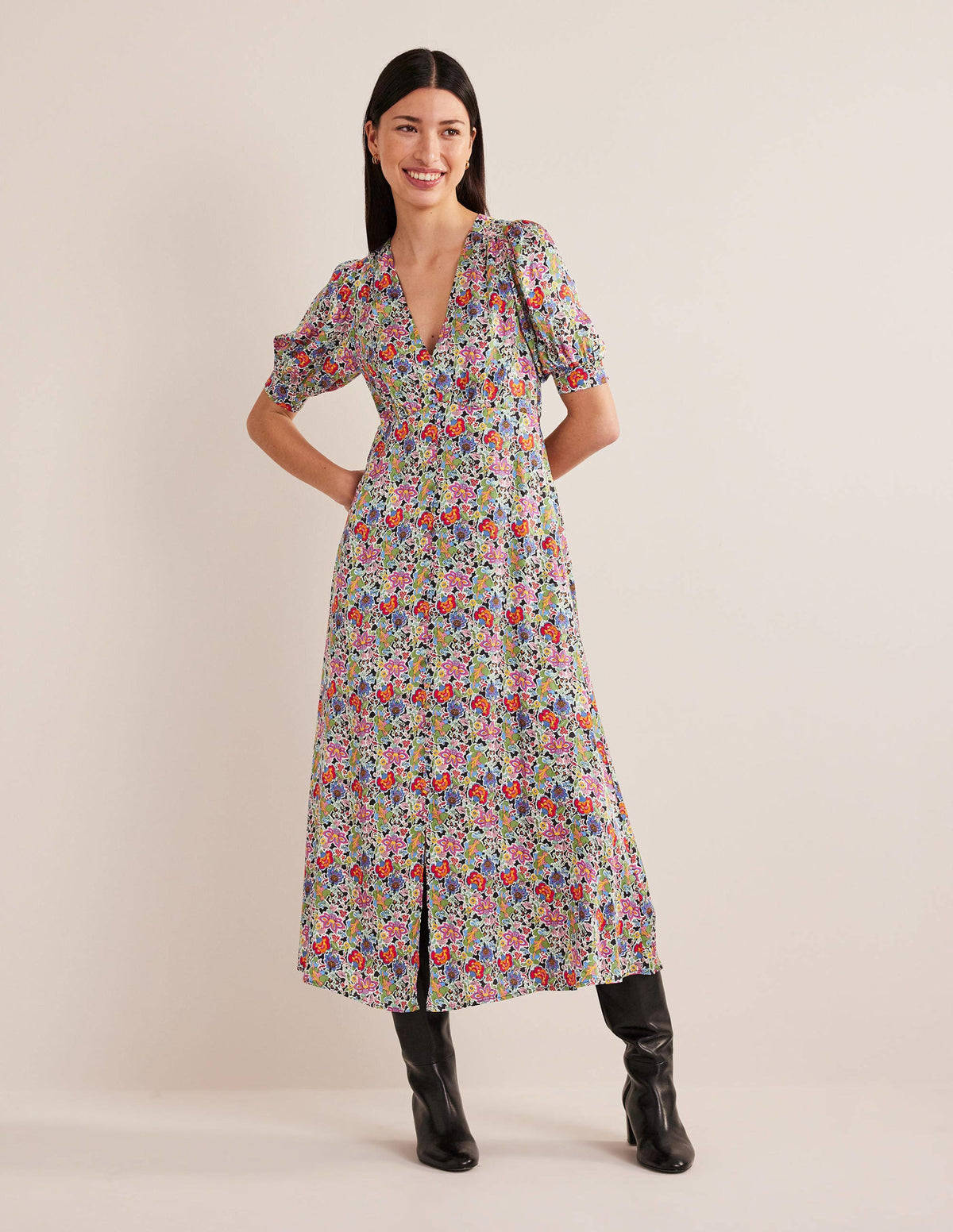 Satin Midi Tea Dress-Multi, Carnation Garden - Image 1