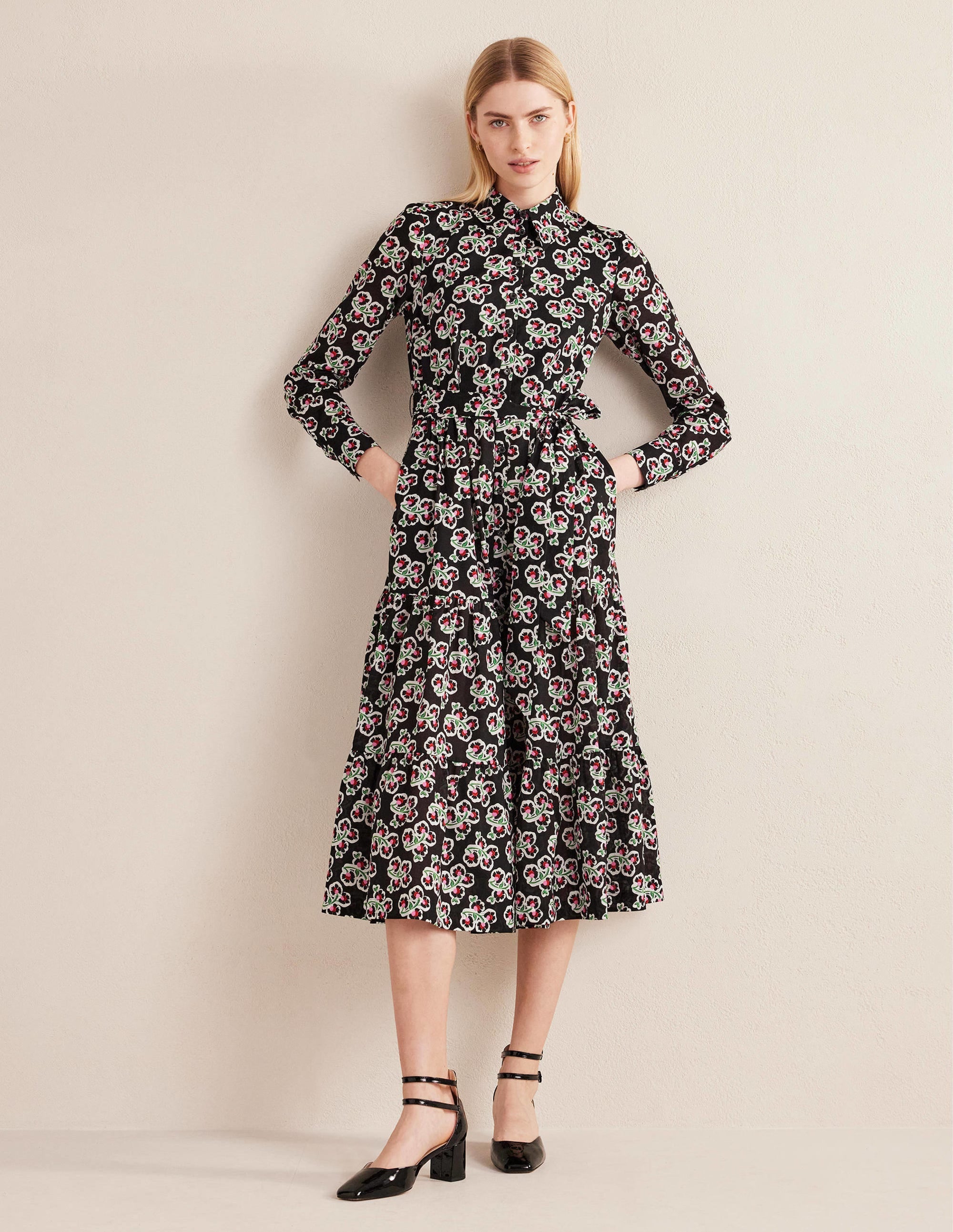 Flo Cotton Midi Shirt Dress-Black, Petal Blossom - Image 1