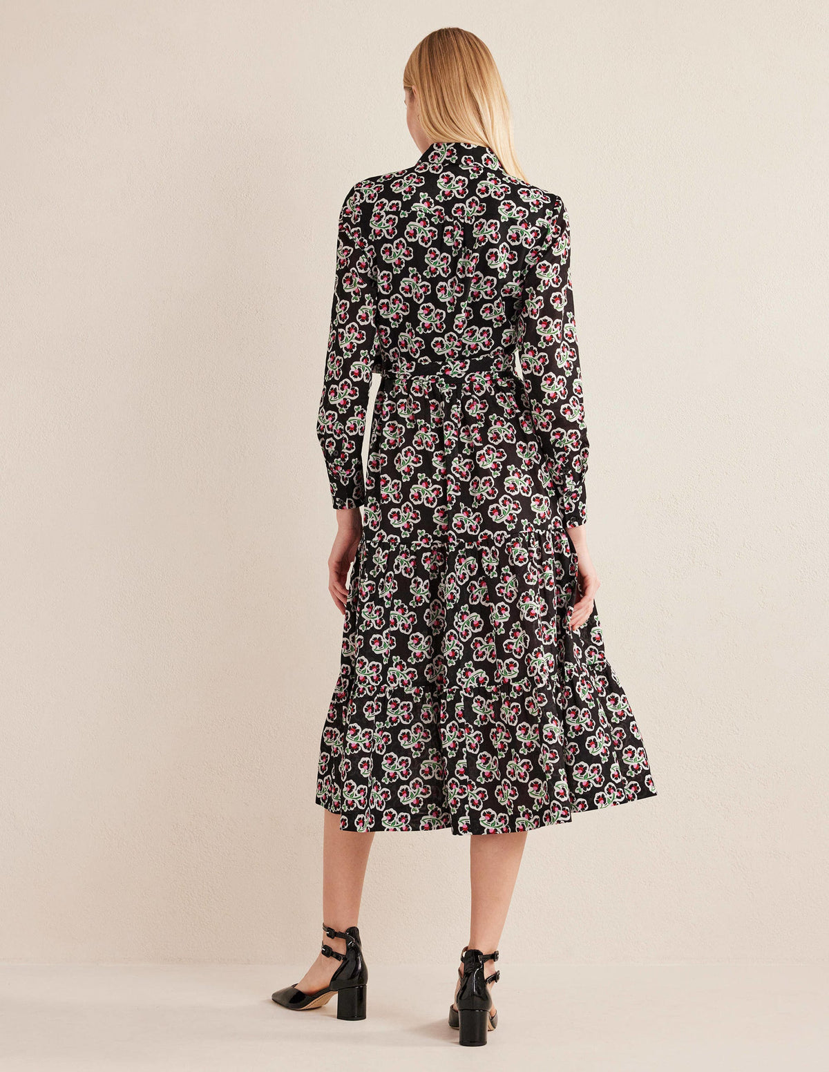 Flo Cotton Midi Shirt Dress-Black, Petal Blossom - Image 3