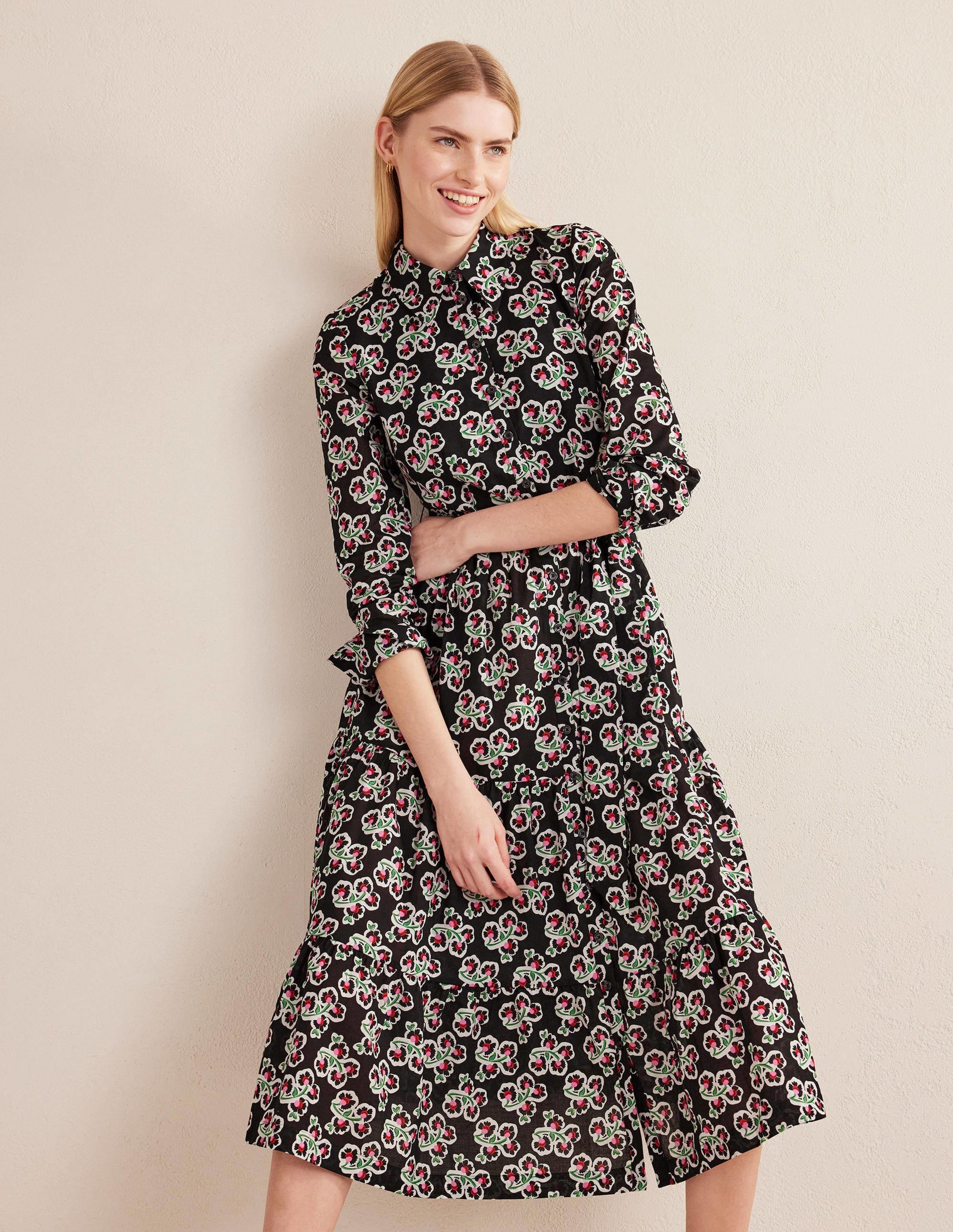 Flo Cotton Midi Shirt Dress-Black, Petal Blossom - Image 4