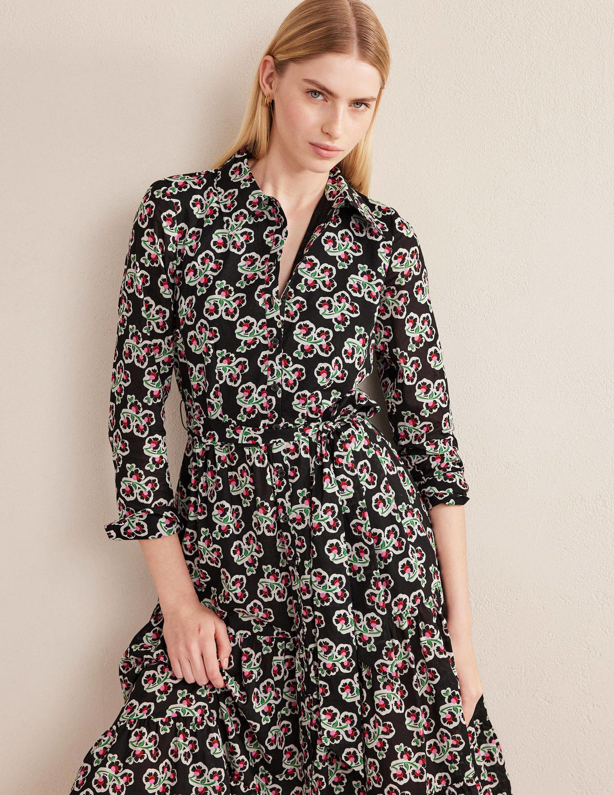 Flo Cotton Midi Shirt Dress-Black, Petal Blossom - Image 5