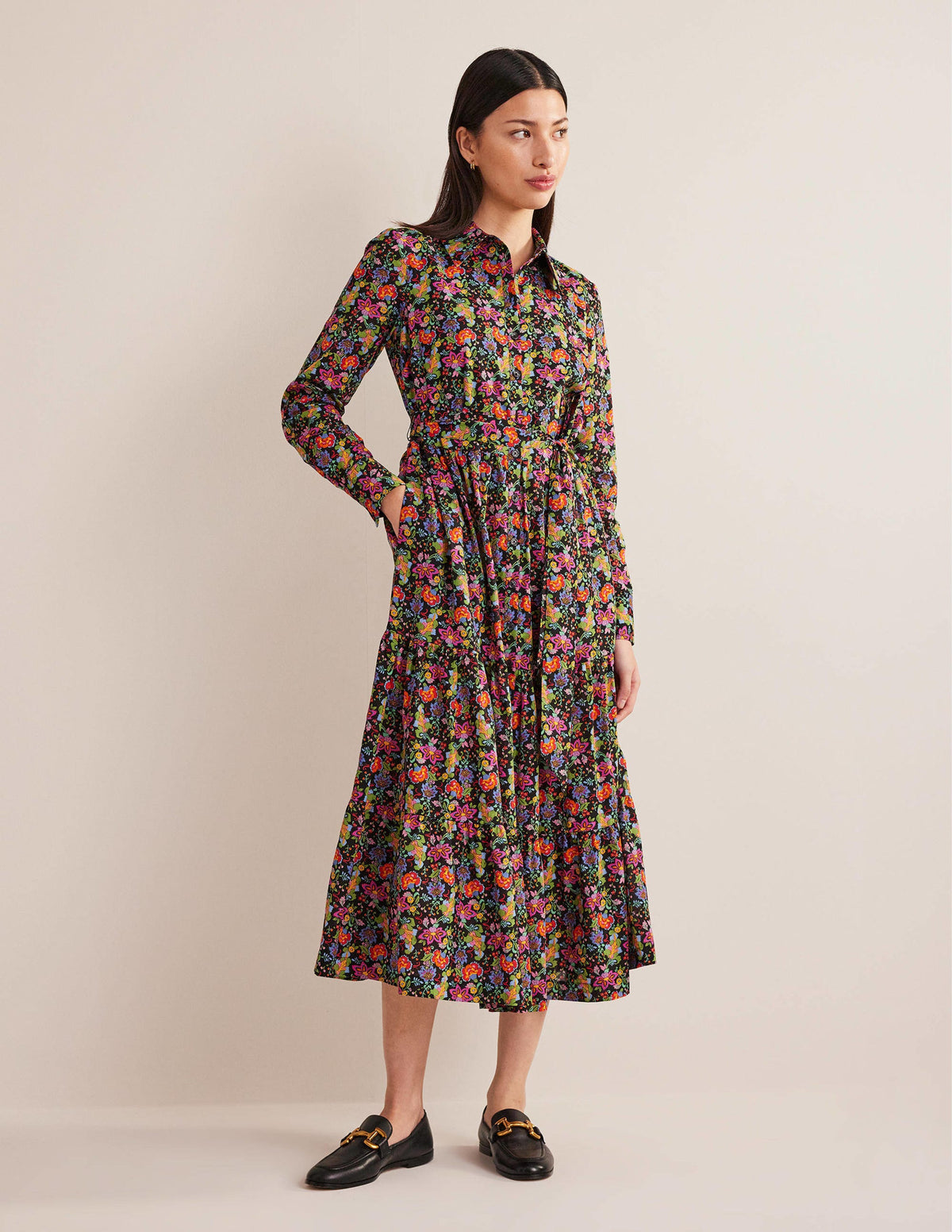 Flo Cotton Midi Shirt Dress-Black, Carnation Garden-1