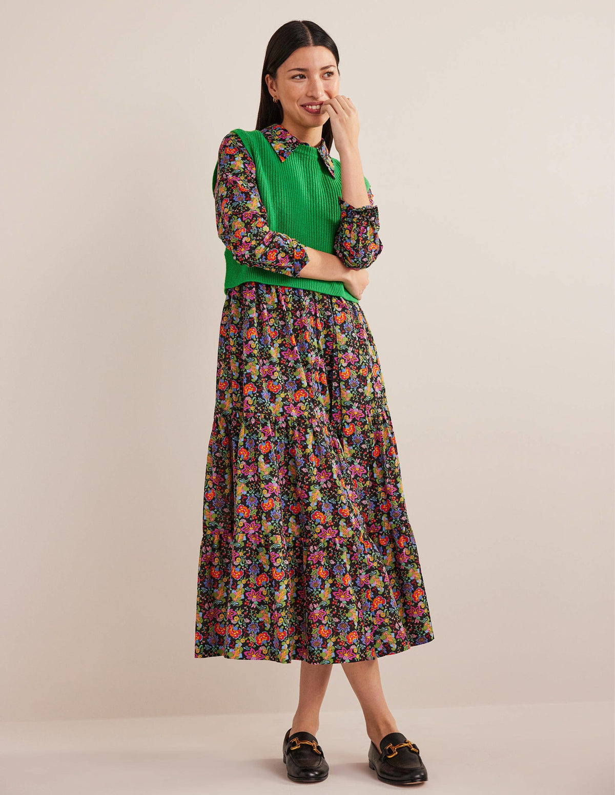 Flo Cotton Midi Shirt Dress-Black, Carnation Garden - Image 5