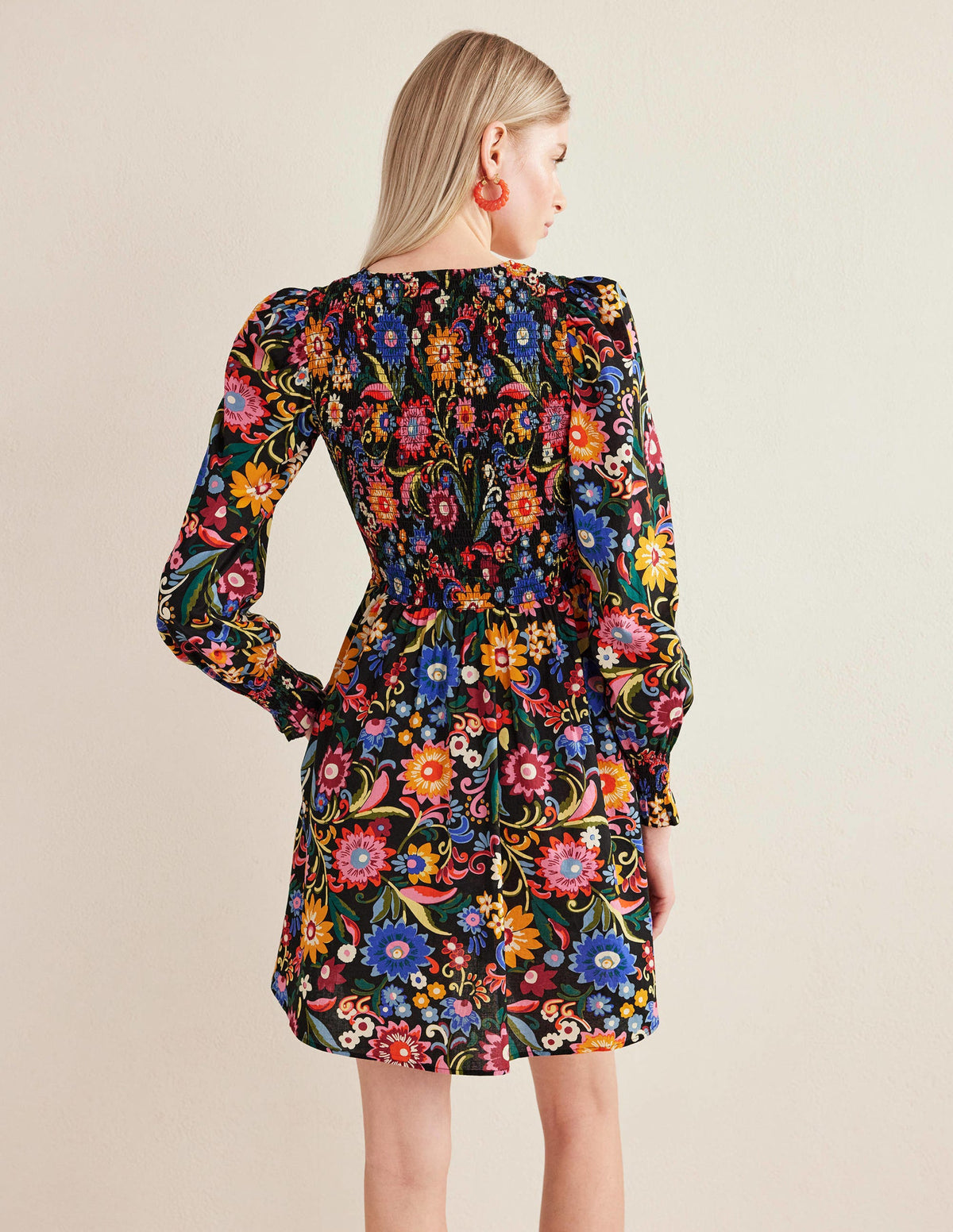 Smocked Bodice Mini Dress-Black, Gardenia Pop-3