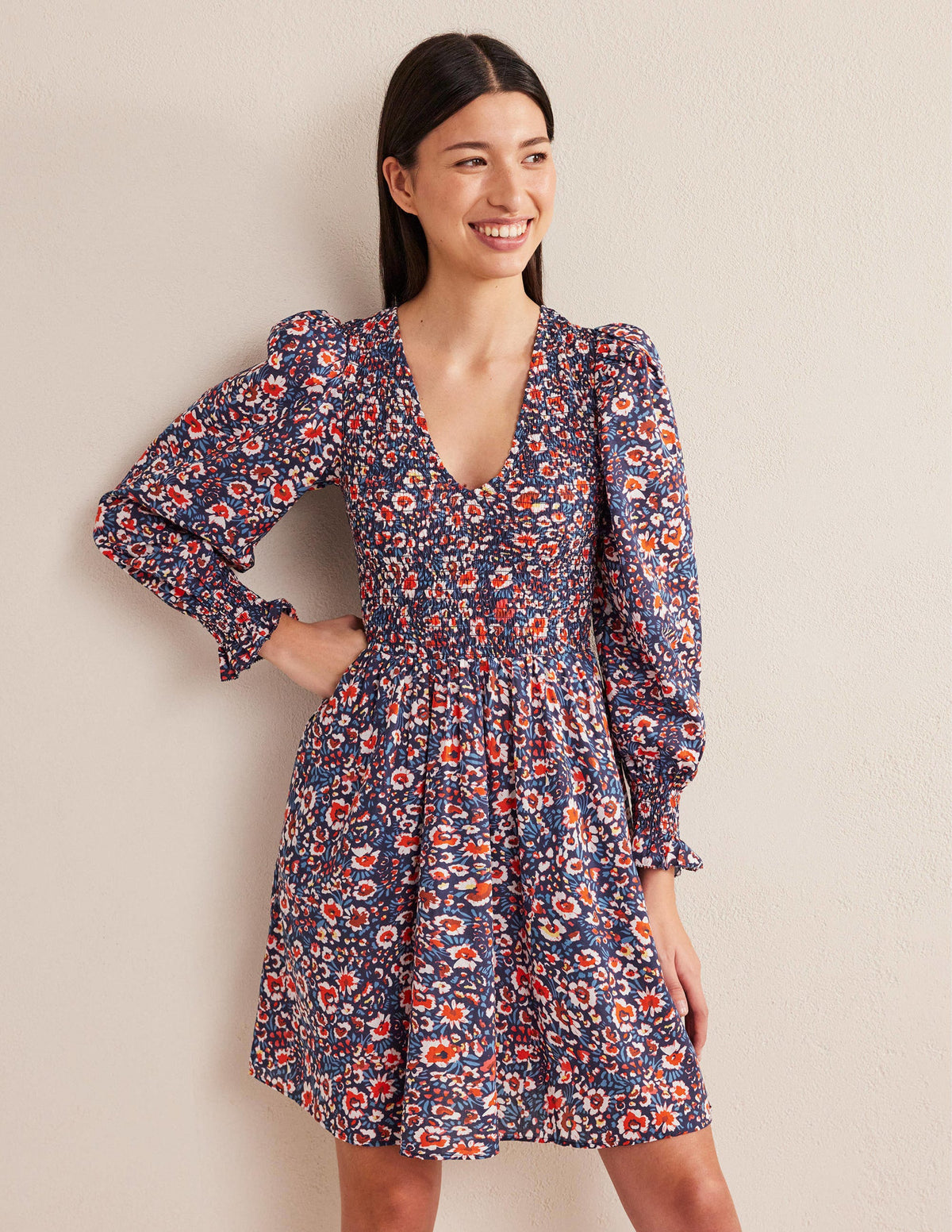 Smocked Bodice Mini Dress-French Navy, Eden Bloom-1