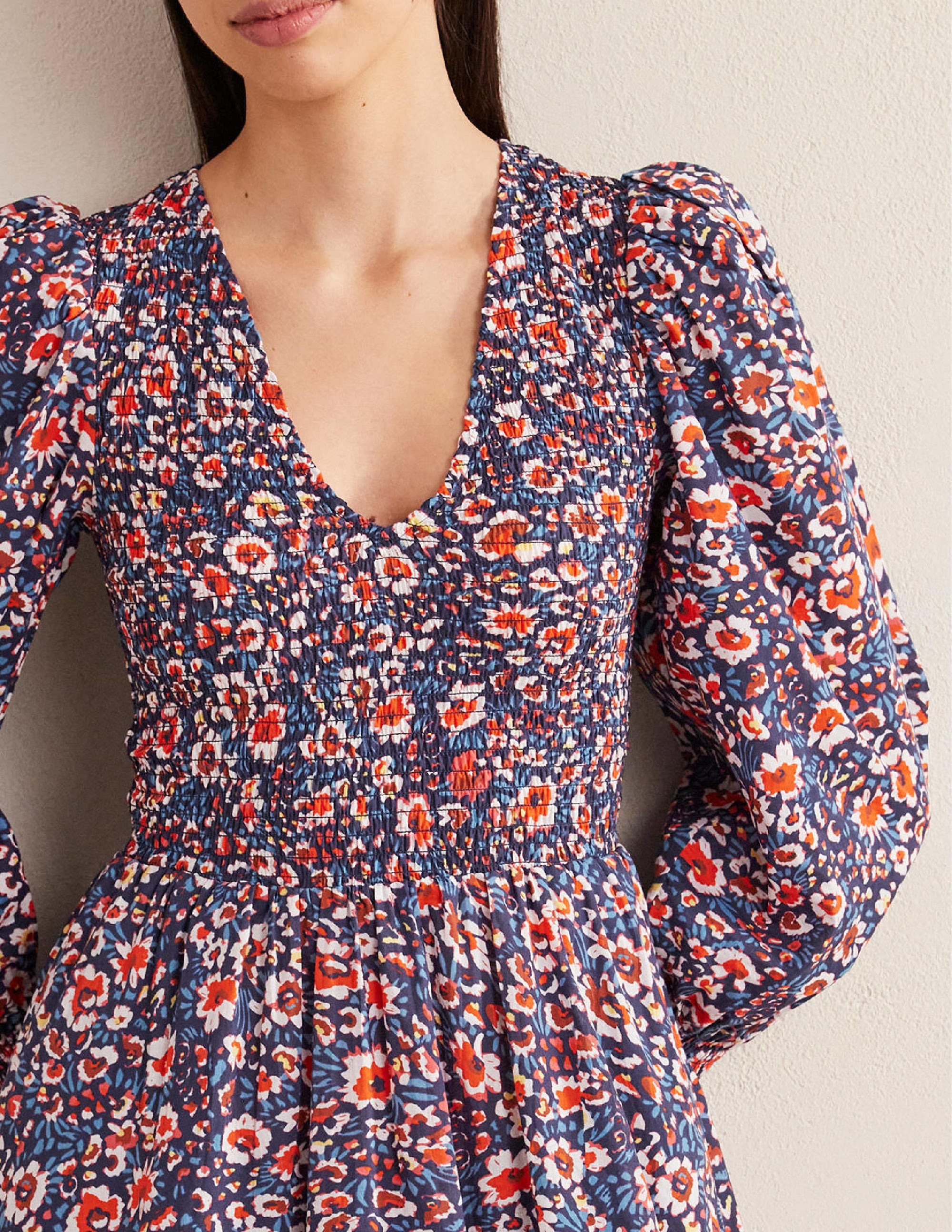 Smocked Bodice Mini Dress-French Navy, Eden Bloom - Image 2