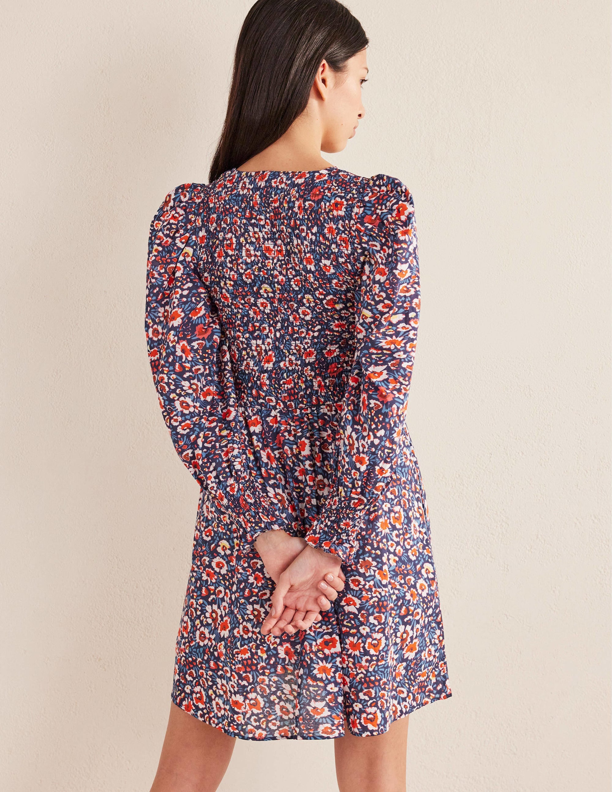 Smocked Bodice Mini Dress-French Navy, Eden Bloom - Image 3