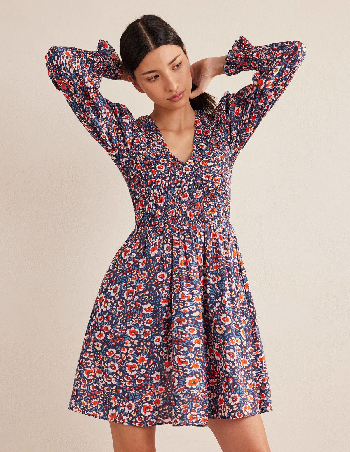 Smocked Bodice Mini Dress-French Navy, Eden Bloom - Image 4