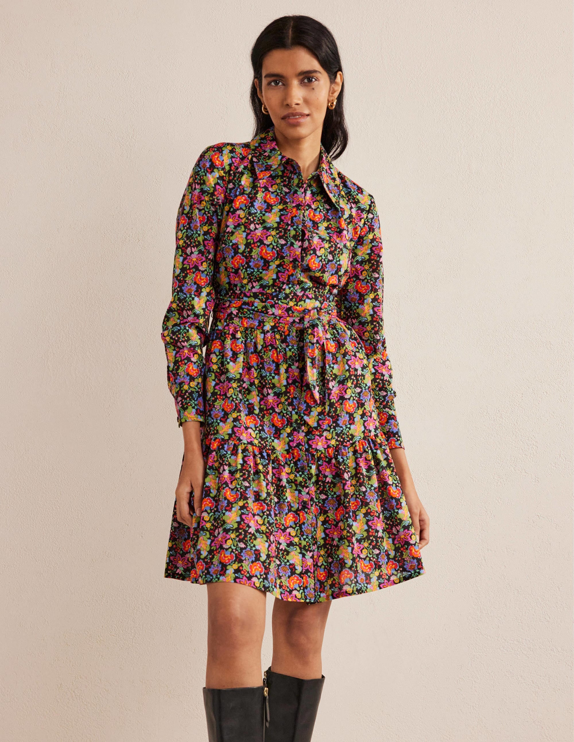 Tiered Cotton Mini Shirt Dress-Black, Carnation Garden - Image 1