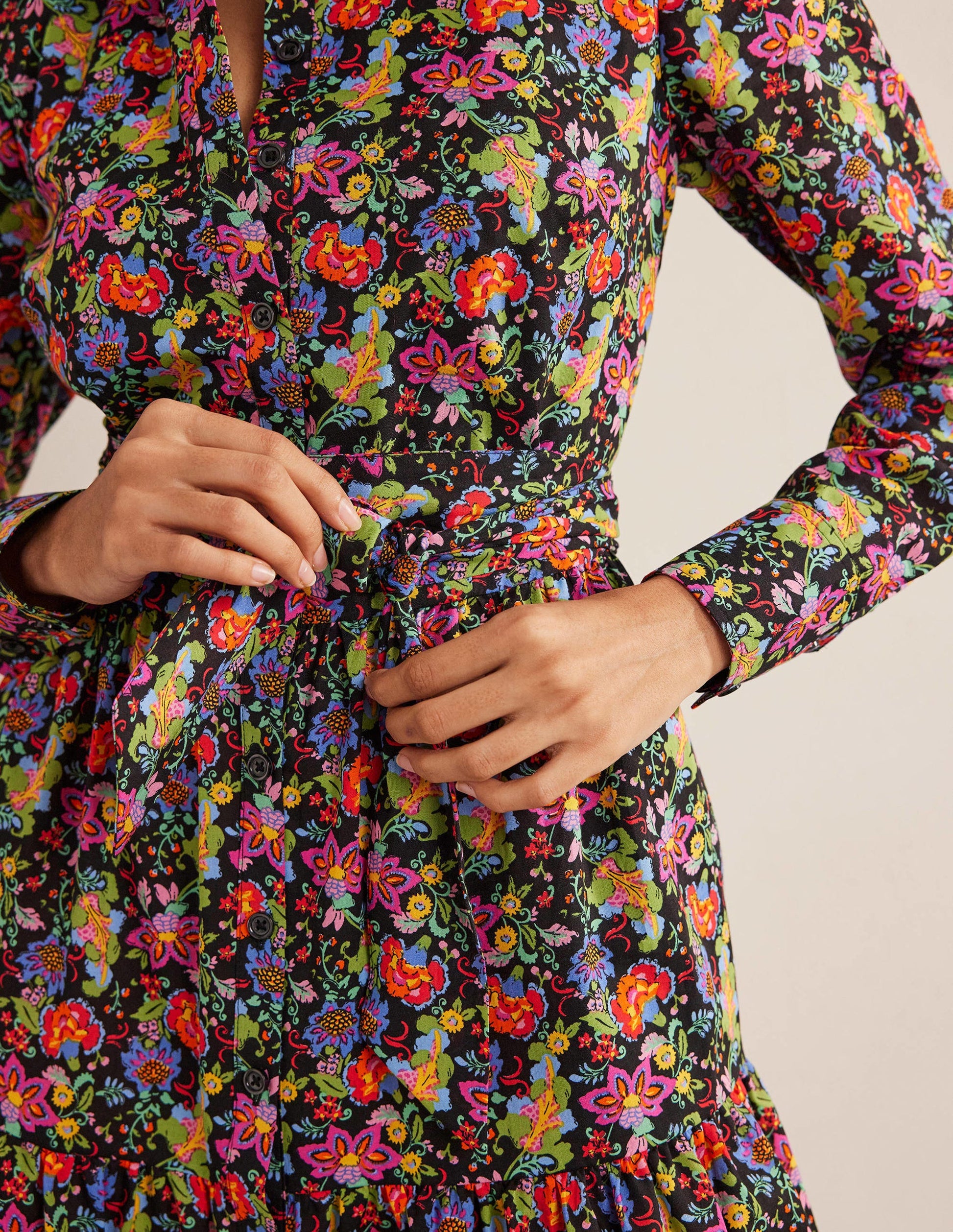 Tiered Cotton Mini Shirt Dress-Black, Carnation Garden-2