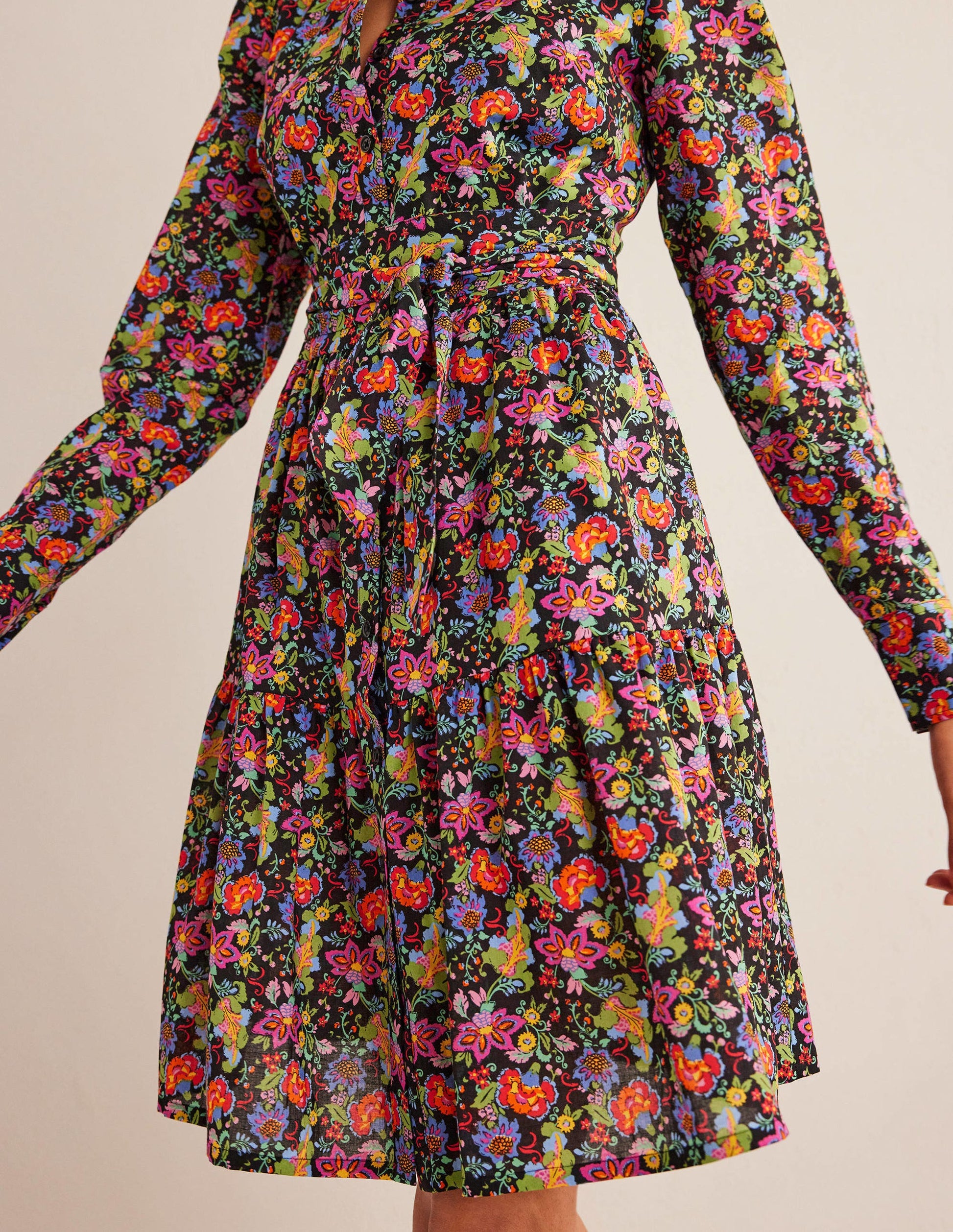 Tiered Cotton Mini Shirt Dress-Black, Carnation Garden-4