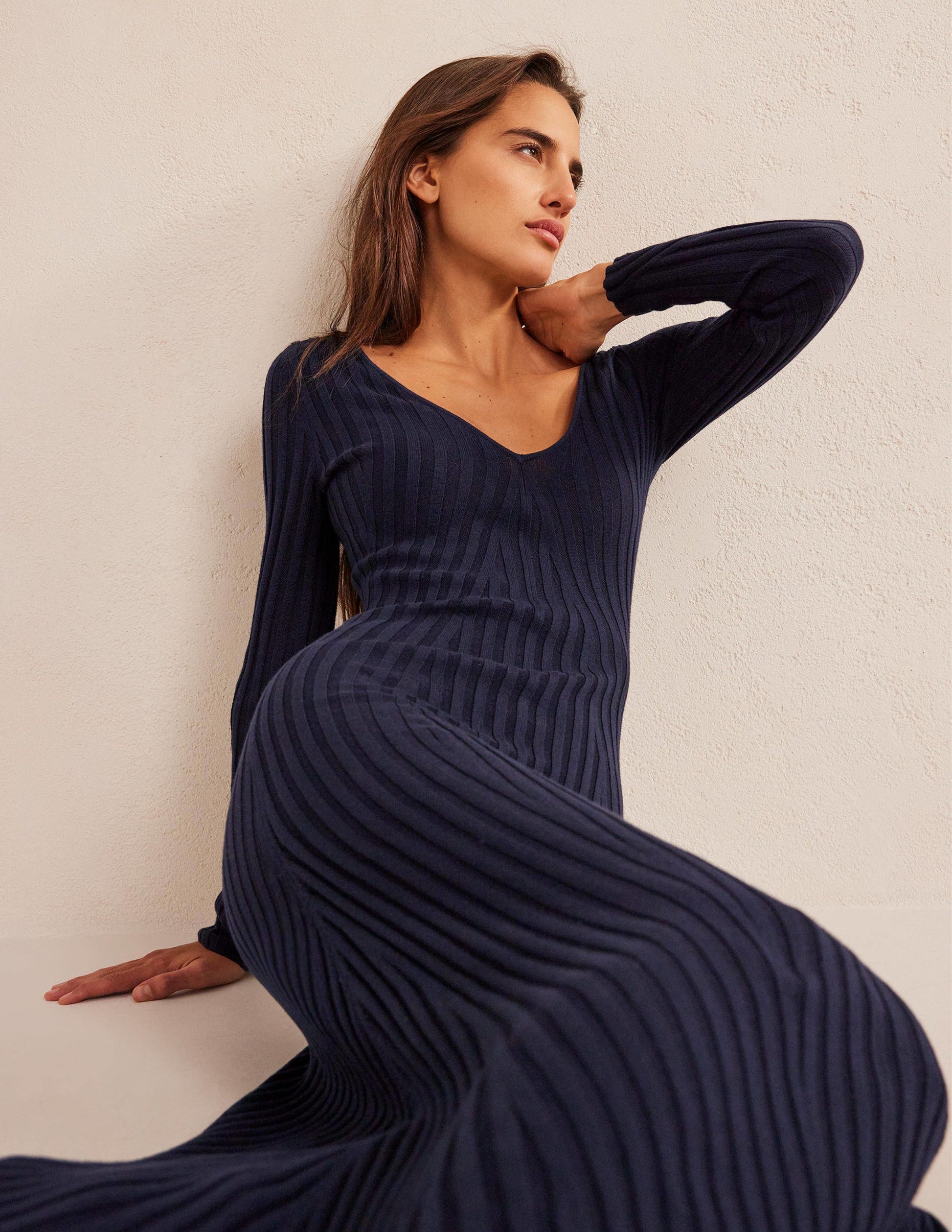 Ribbed Knitted Maxi Dress-Navy-1