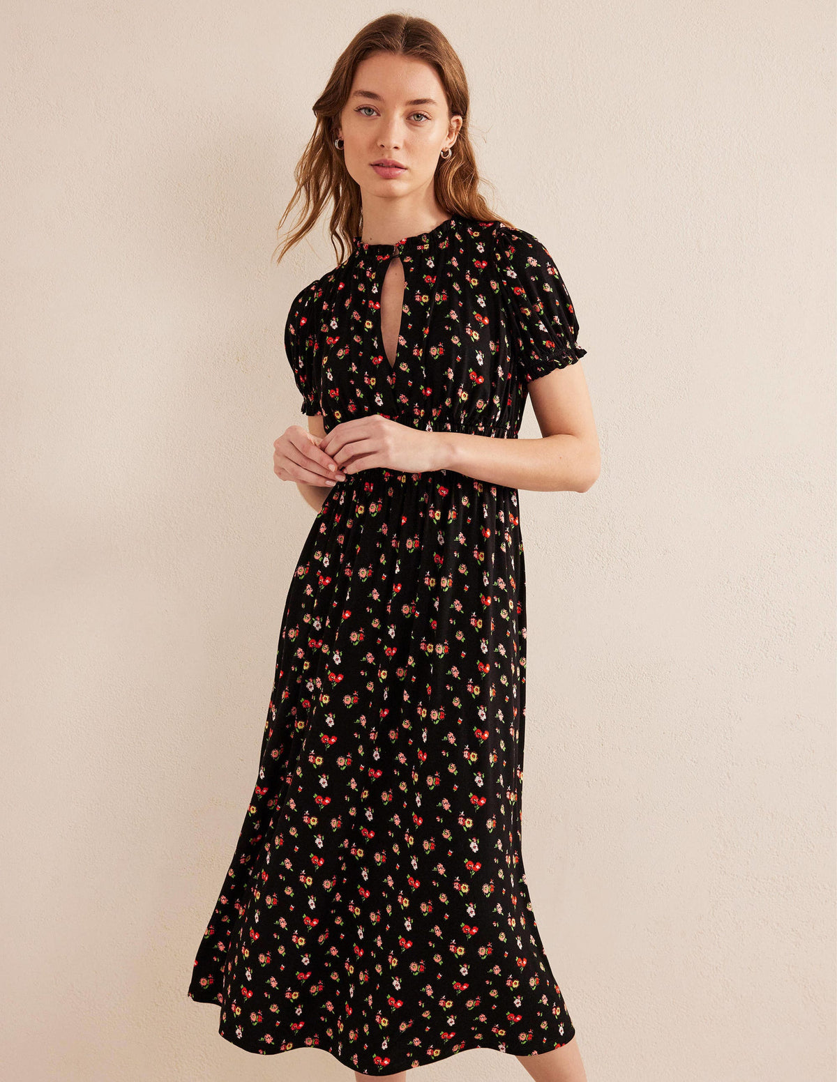 Rosanna Jersey Midi Tea Dress-Black, Dainty Sprig-1