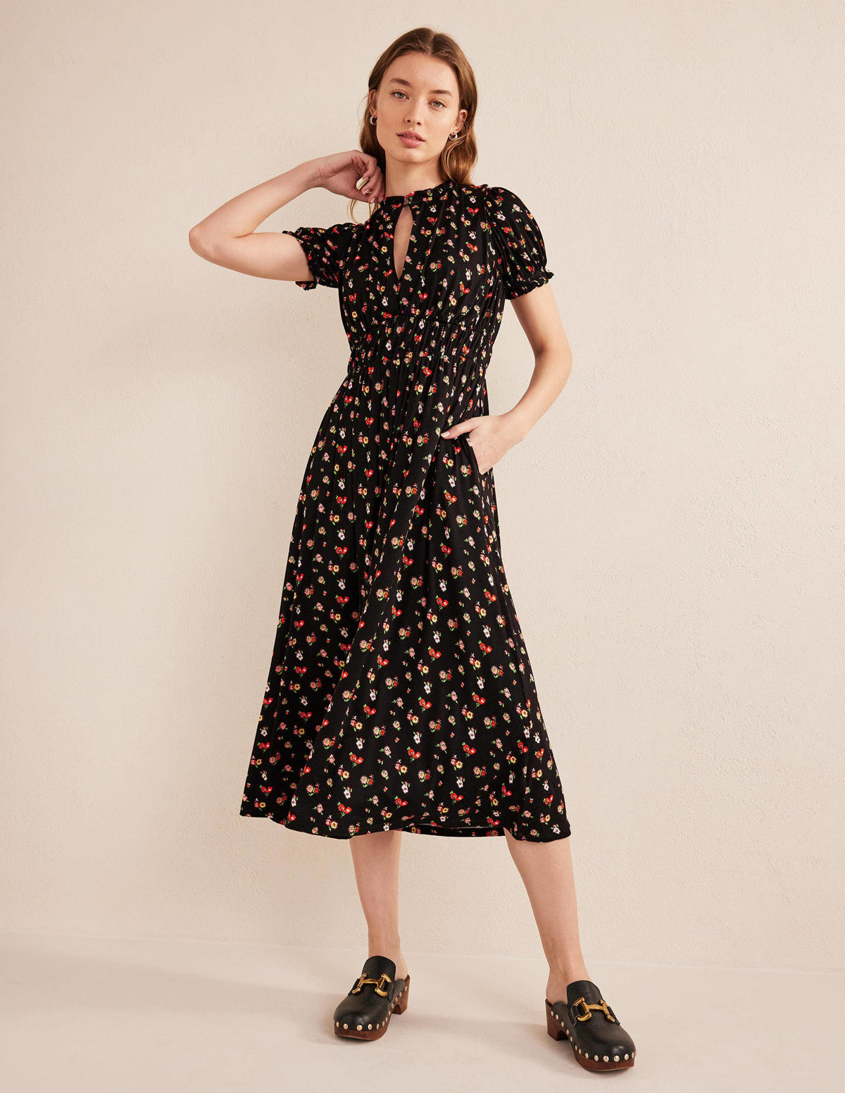Rosanna Jersey Midi Tea Dress-Black, Dainty Sprig-4