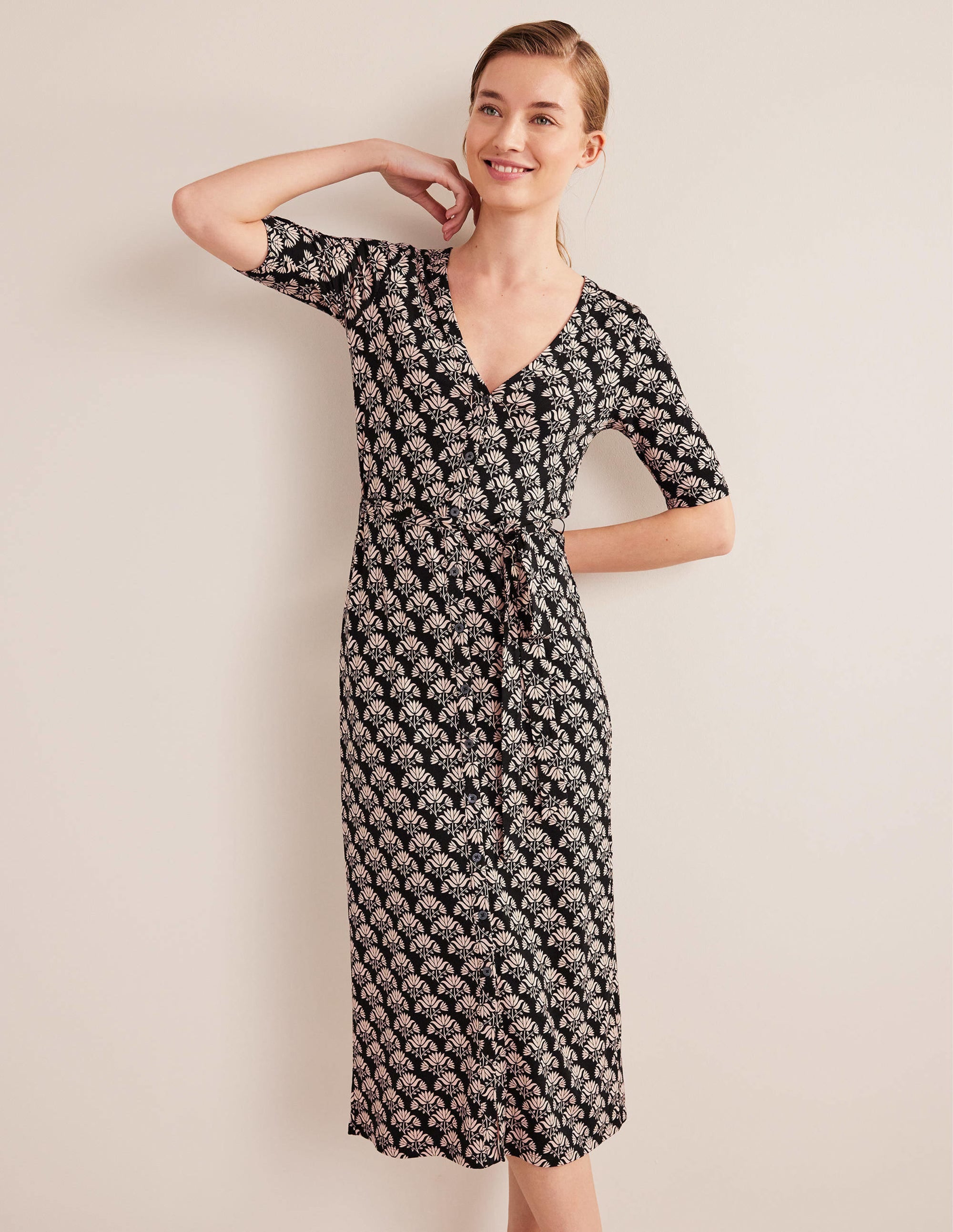 Button Front Jersey Midi Dress-Black, Passion Stamp - Image 1
