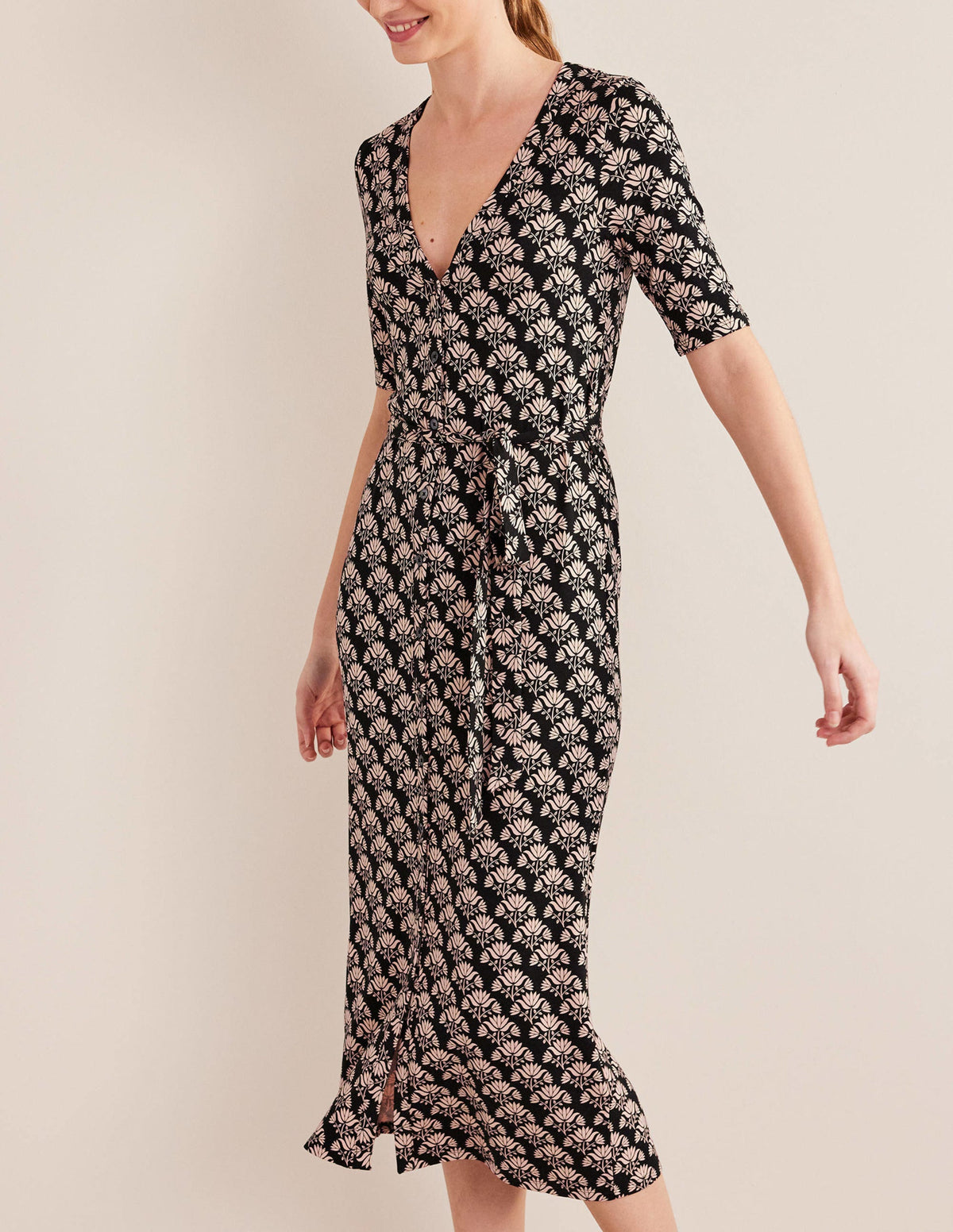 Button Front Jersey Midi Dress-Black, Passion Stamp - Image 2