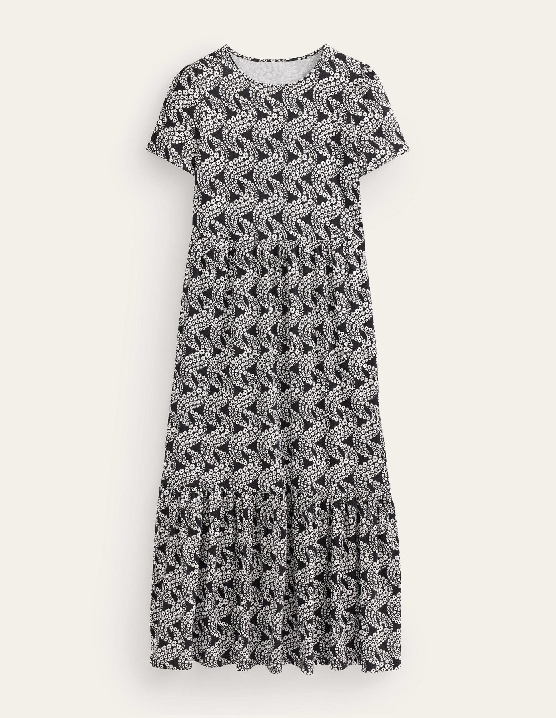 Emma Tiered Jersey Midi Dress-Black, Daisy Swirl-5