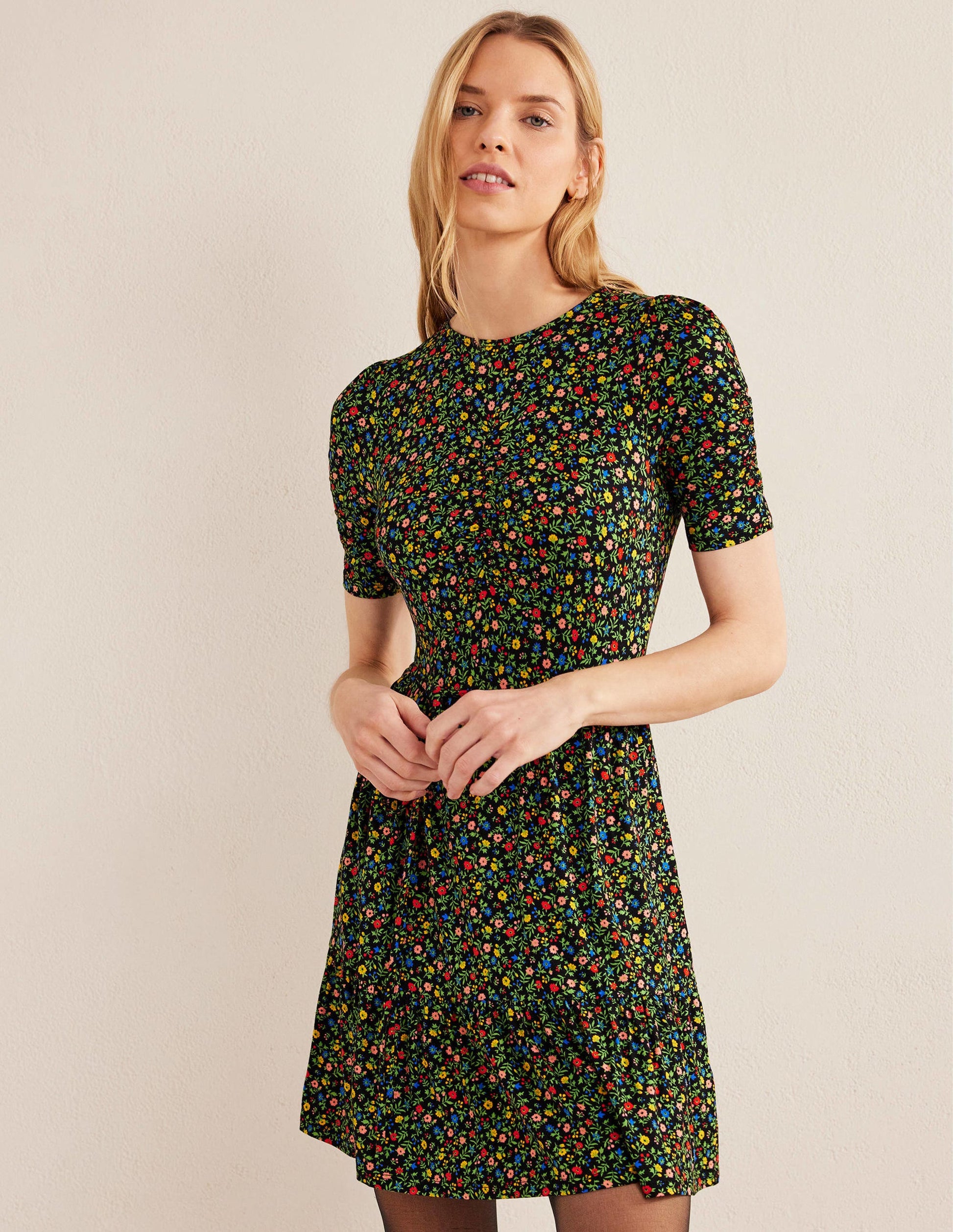 Ruched Bust Jersey Mini Dress-Black, Petal Foliage-1