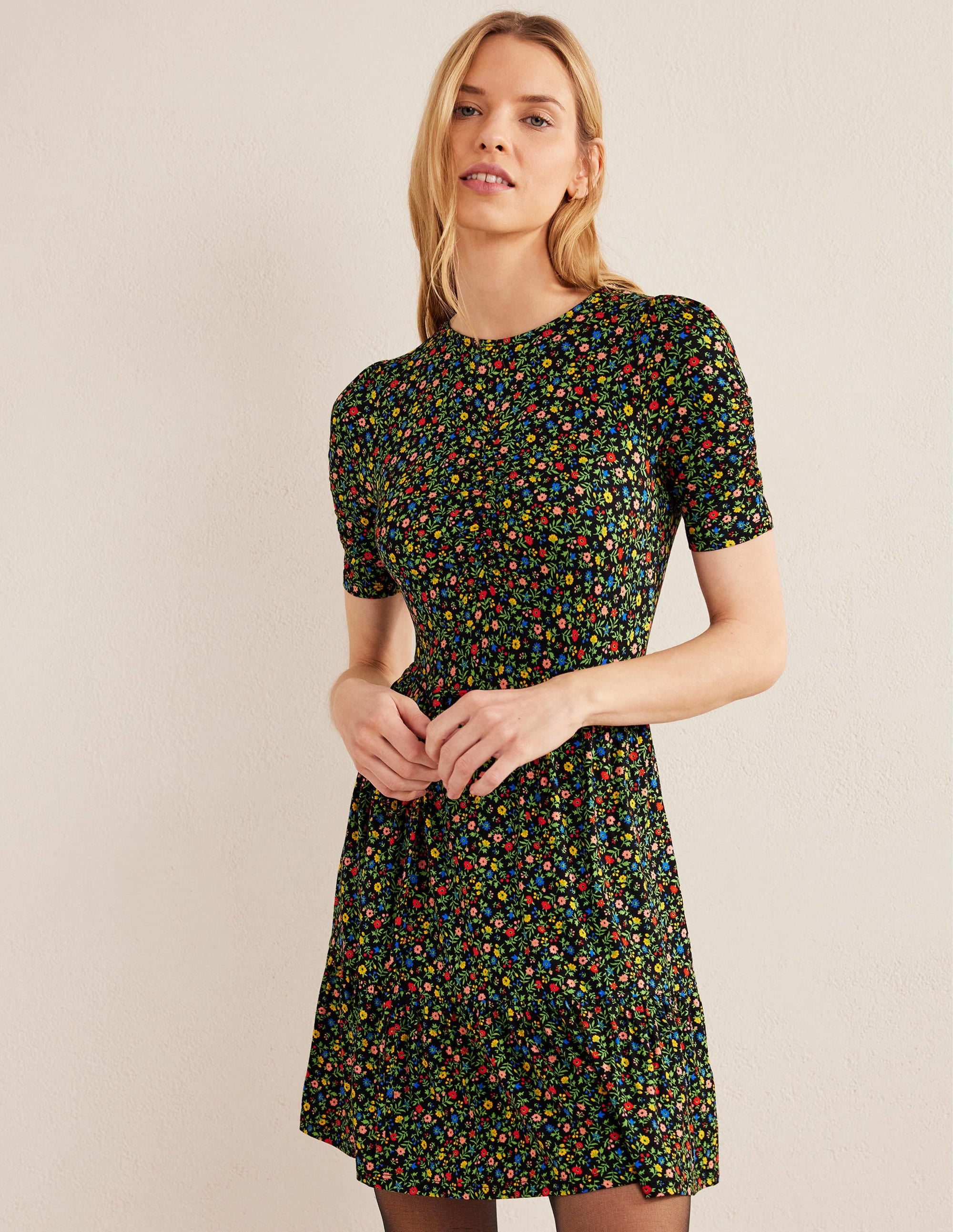 Ruched Bust Jersey Mini Dress-Black, Petal Foliage - Image 1