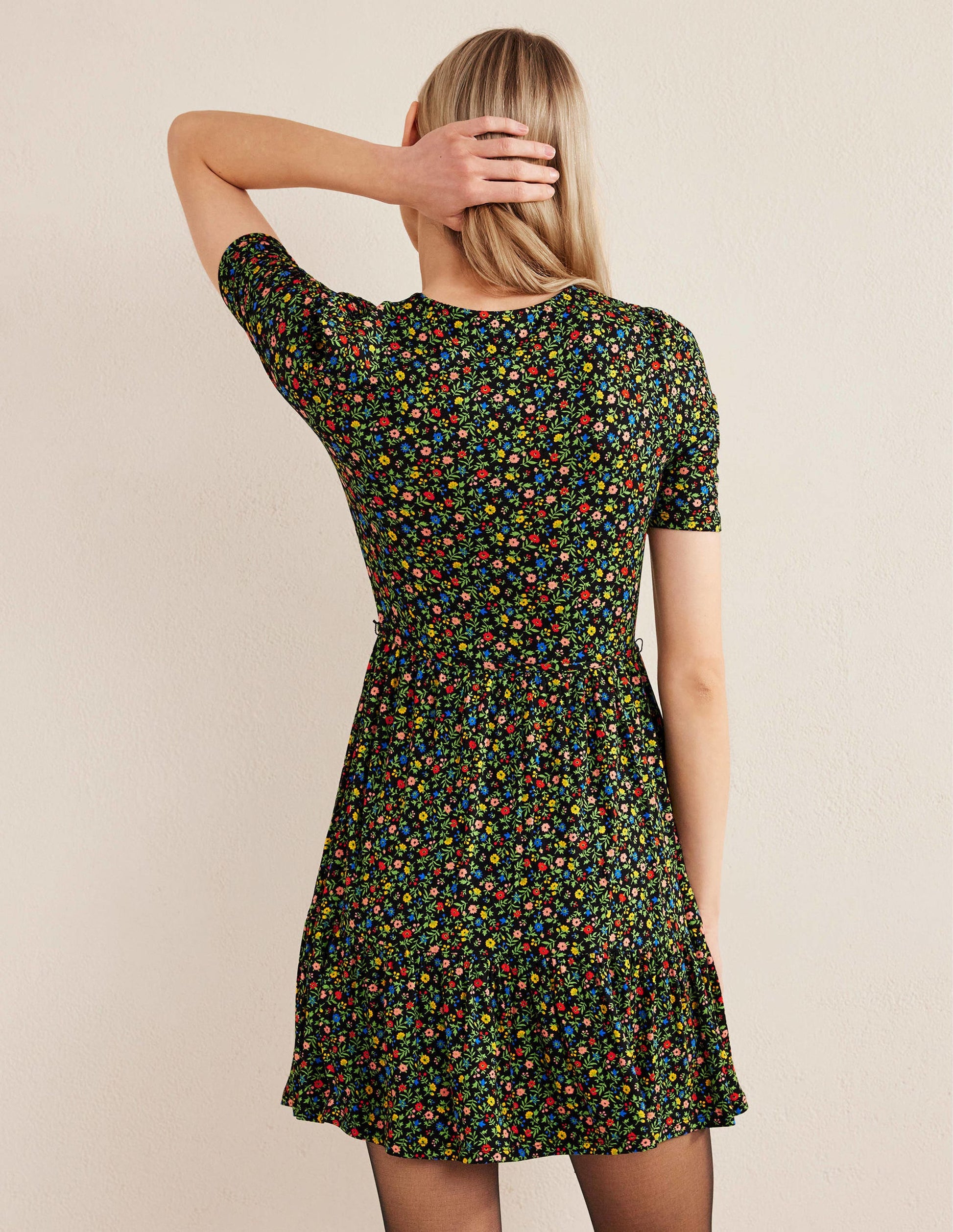 Ruched Bust Jersey Mini Dress-Black, Petal Foliage-3