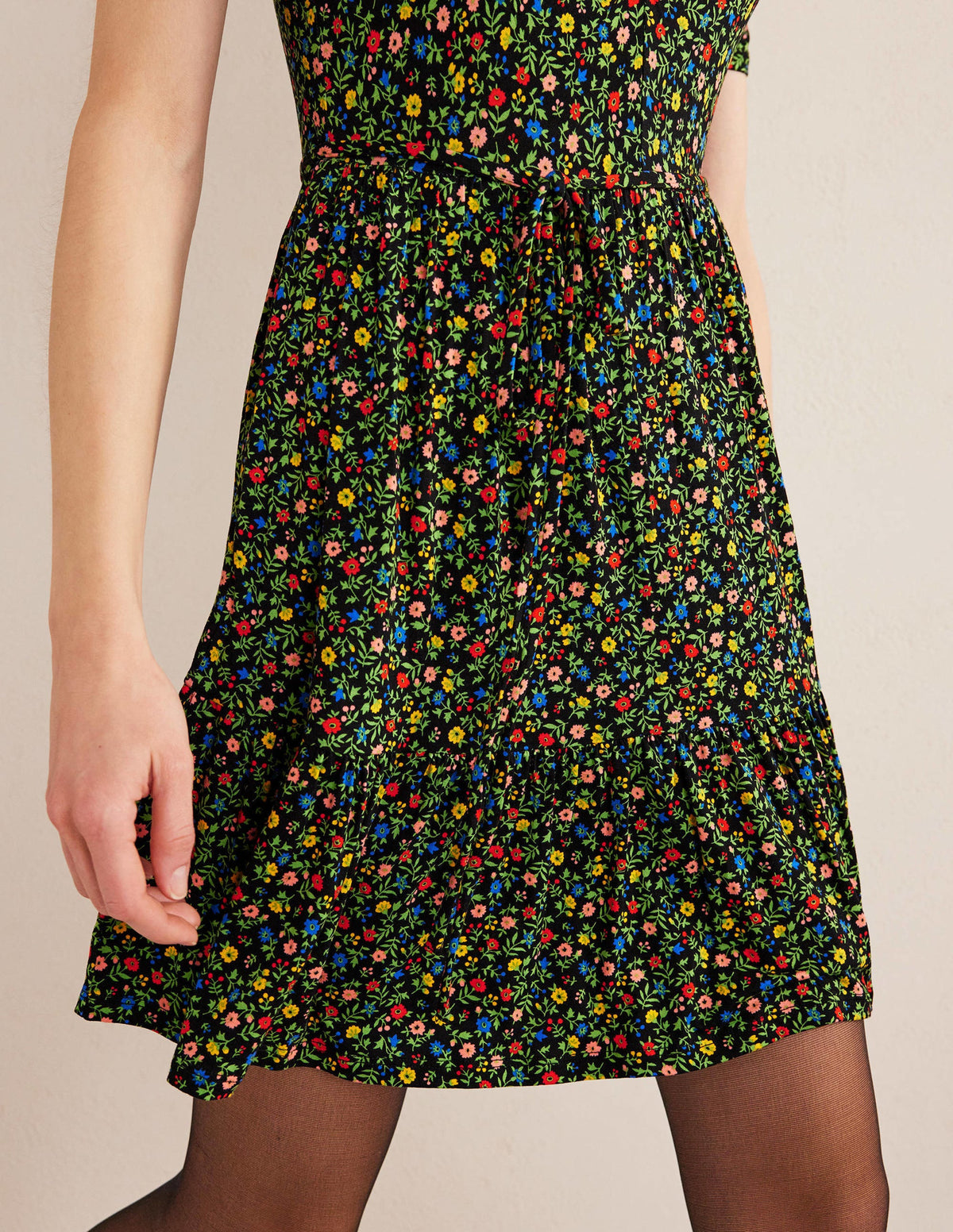 Ruched Bust Jersey Mini Dress-Black, Petal Foliage-4