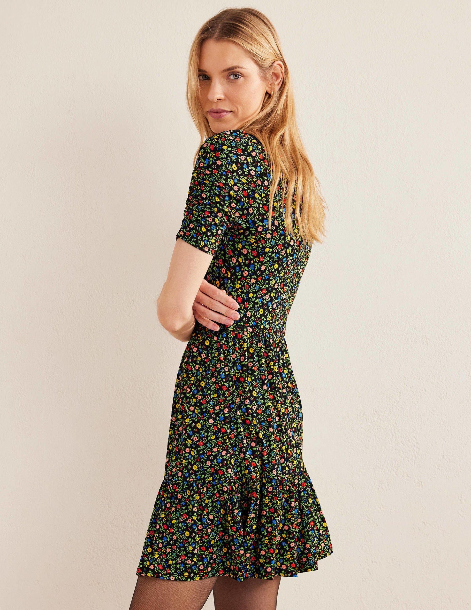 Ruched Bust Jersey Mini Dress-Black, Petal Foliage-5