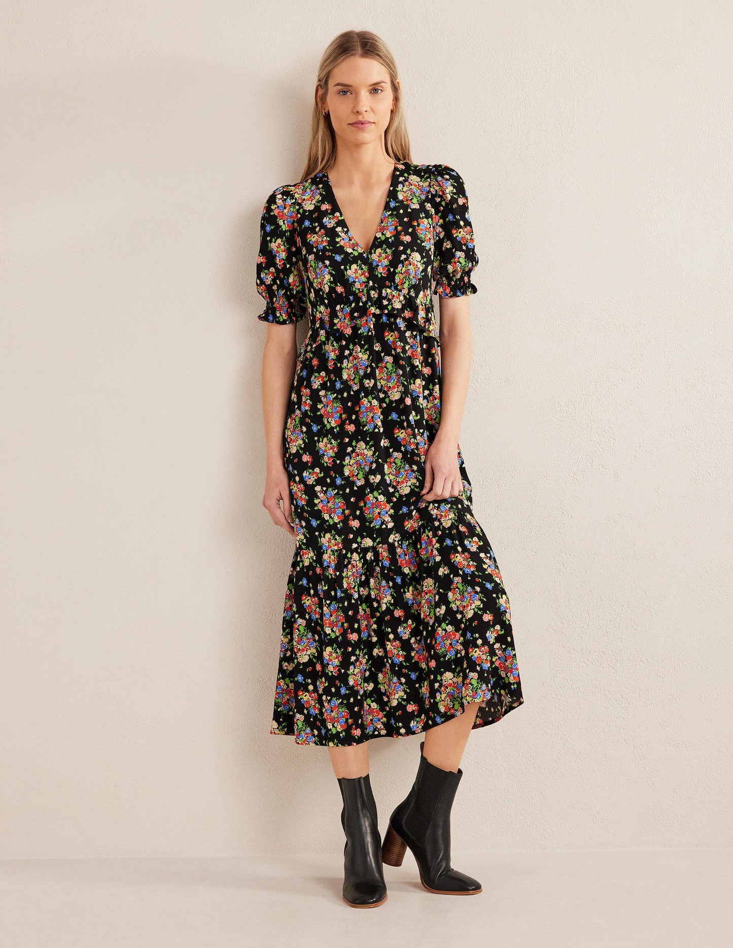 Ruffle Detail Midi Tea Dress-Black, Wild Cluster