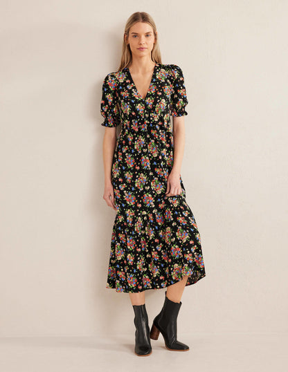 Ruffle Detail Midi Tea Dress-Black, Wild Cluster-1