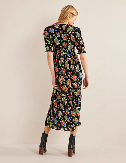 Ruffle Detail Midi Tea Dress-Black, Wild Cluster-3