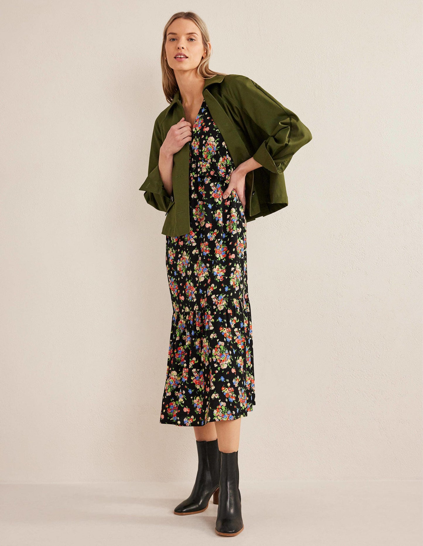 Ruffle Detail Midi Tea Dress-Black, Wild Cluster