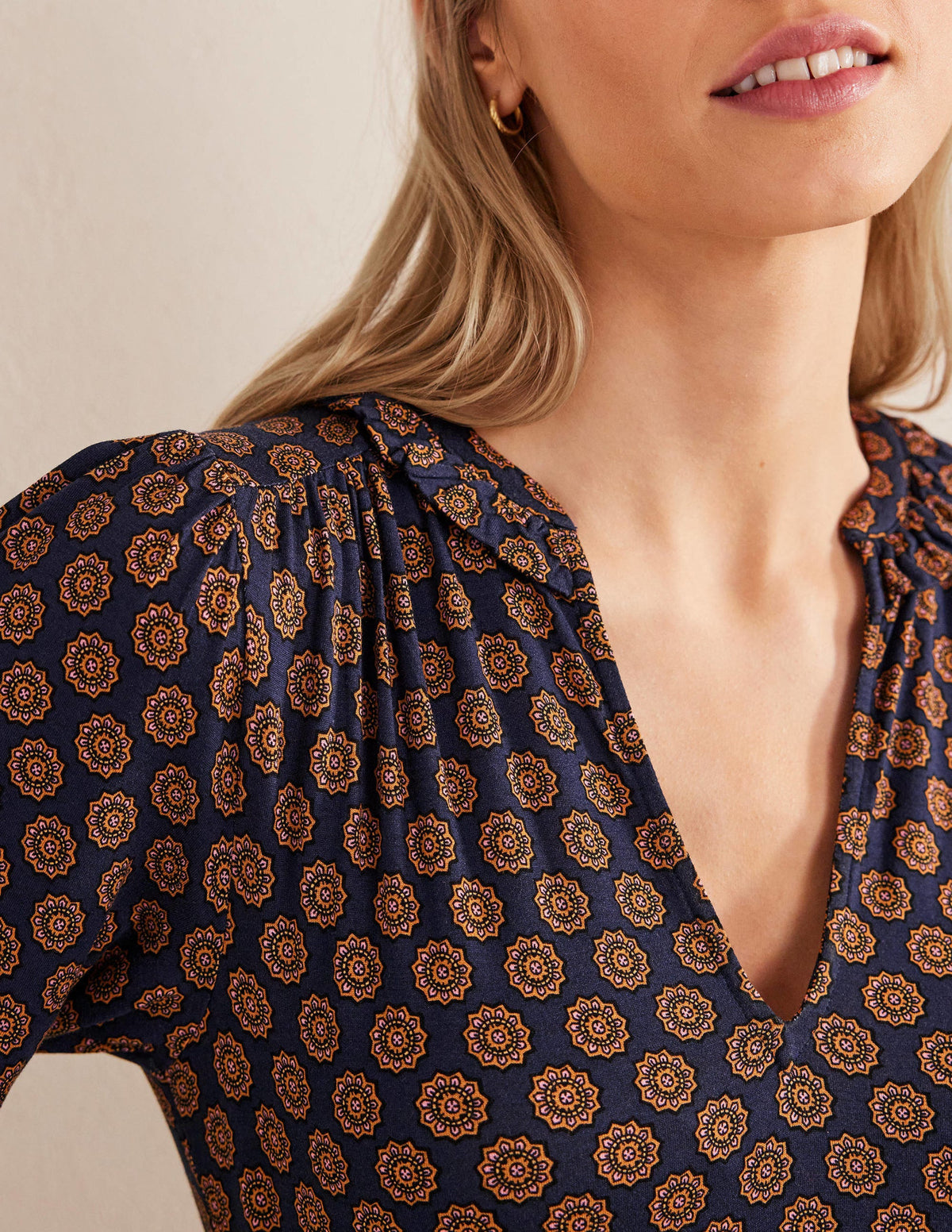 Notch Neck Jersey Dress-French Navy,  Sunflower Geo-2