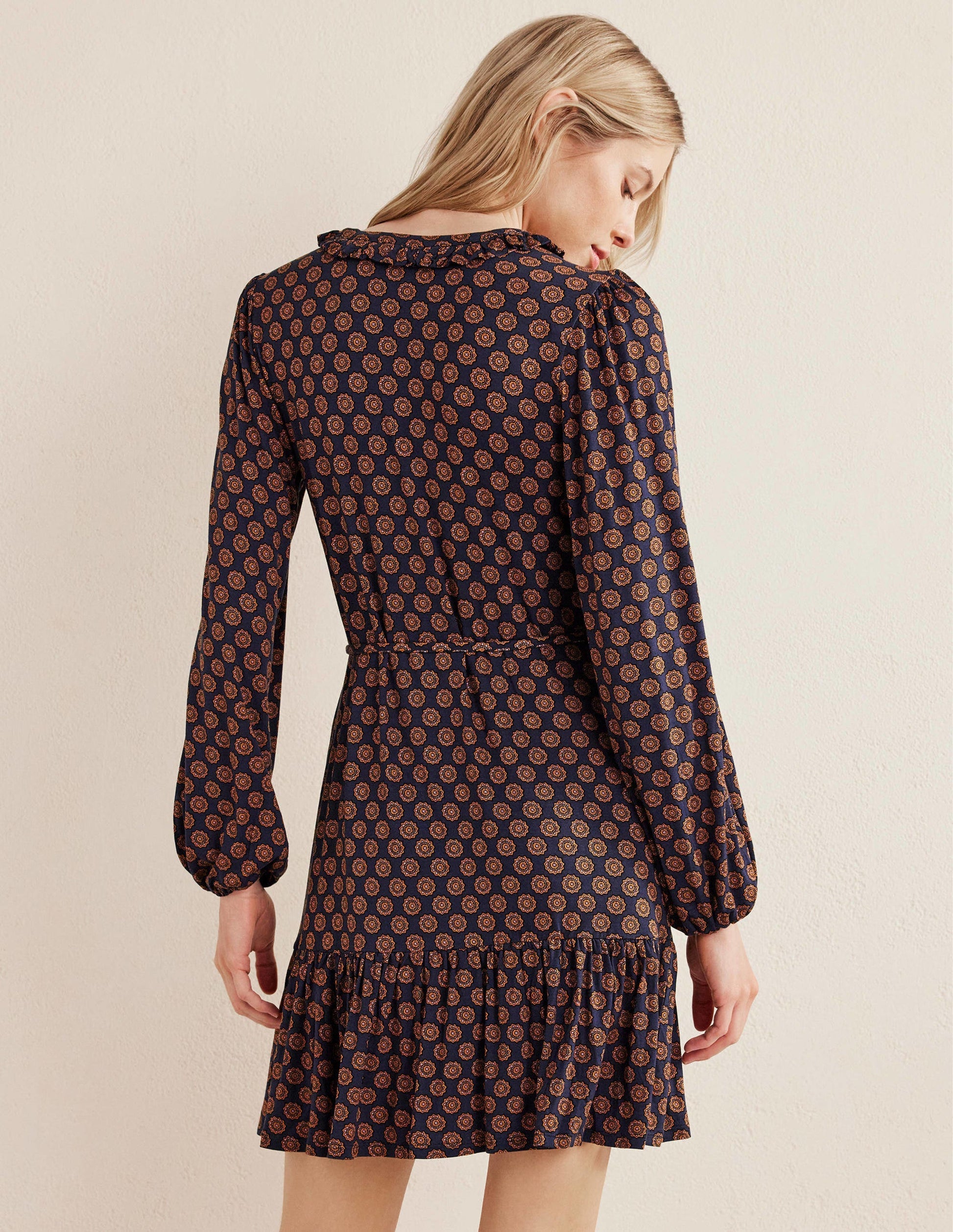 Notch Neck Jersey Dress-French Navy,  Sunflower Geo-3