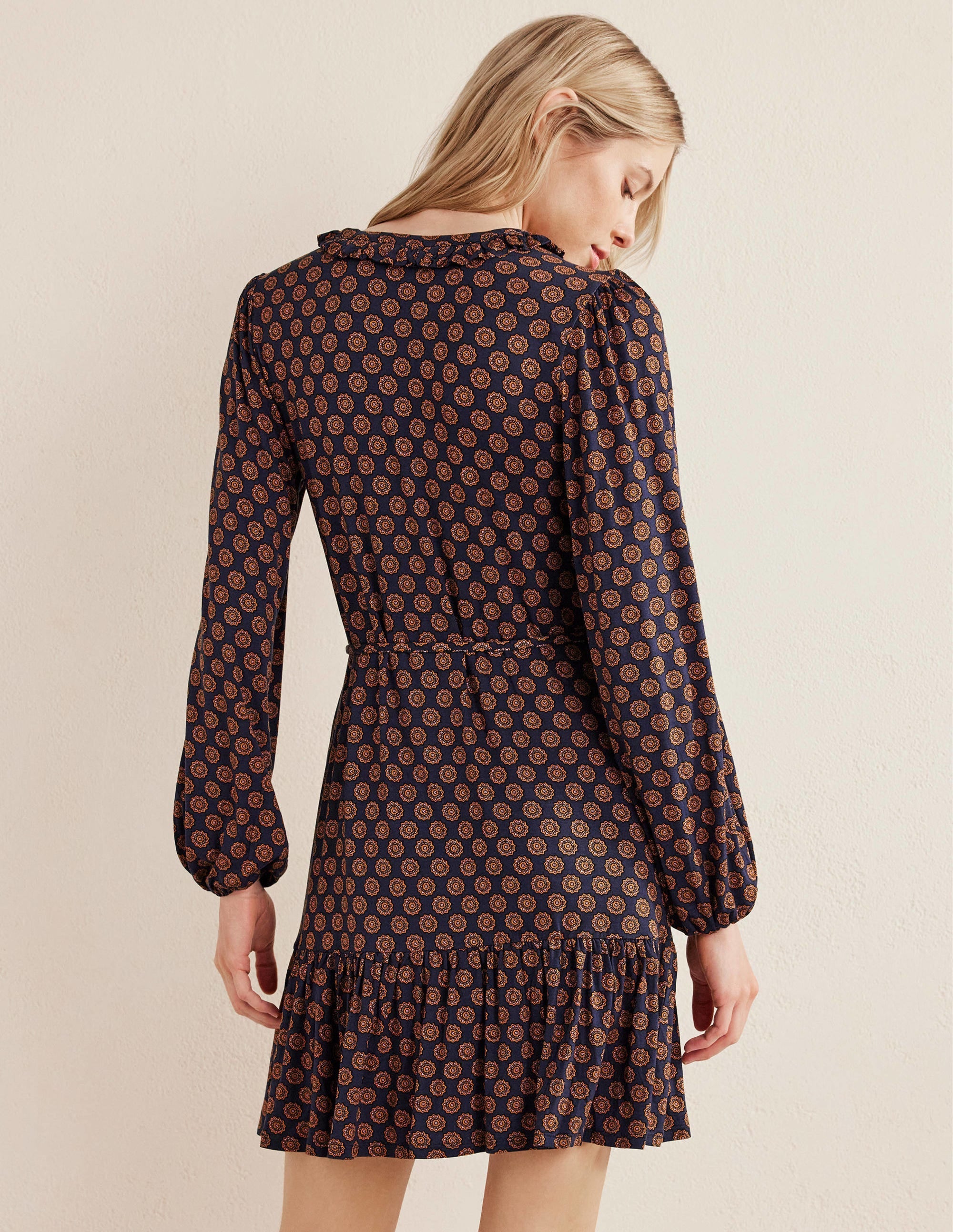 Notch Neck Jersey Dress-French Navy,  Sunflower Geo - Image 3