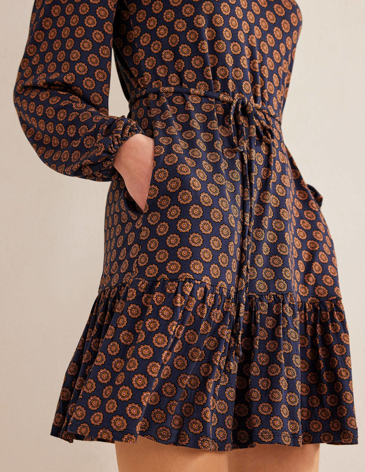Notch Neck Jersey Dress-French Navy,  Sunflower Geo - Image 4