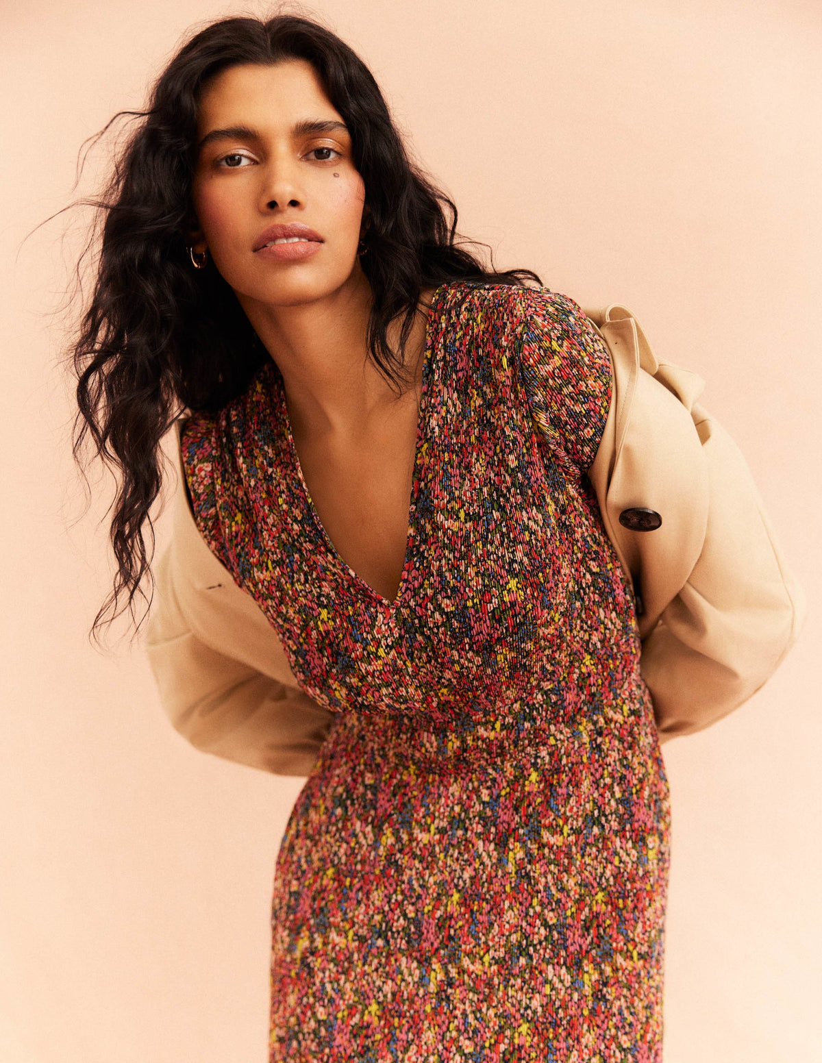 V-neck Plisse Midi Dress-Multi, Gardenia Petal-4