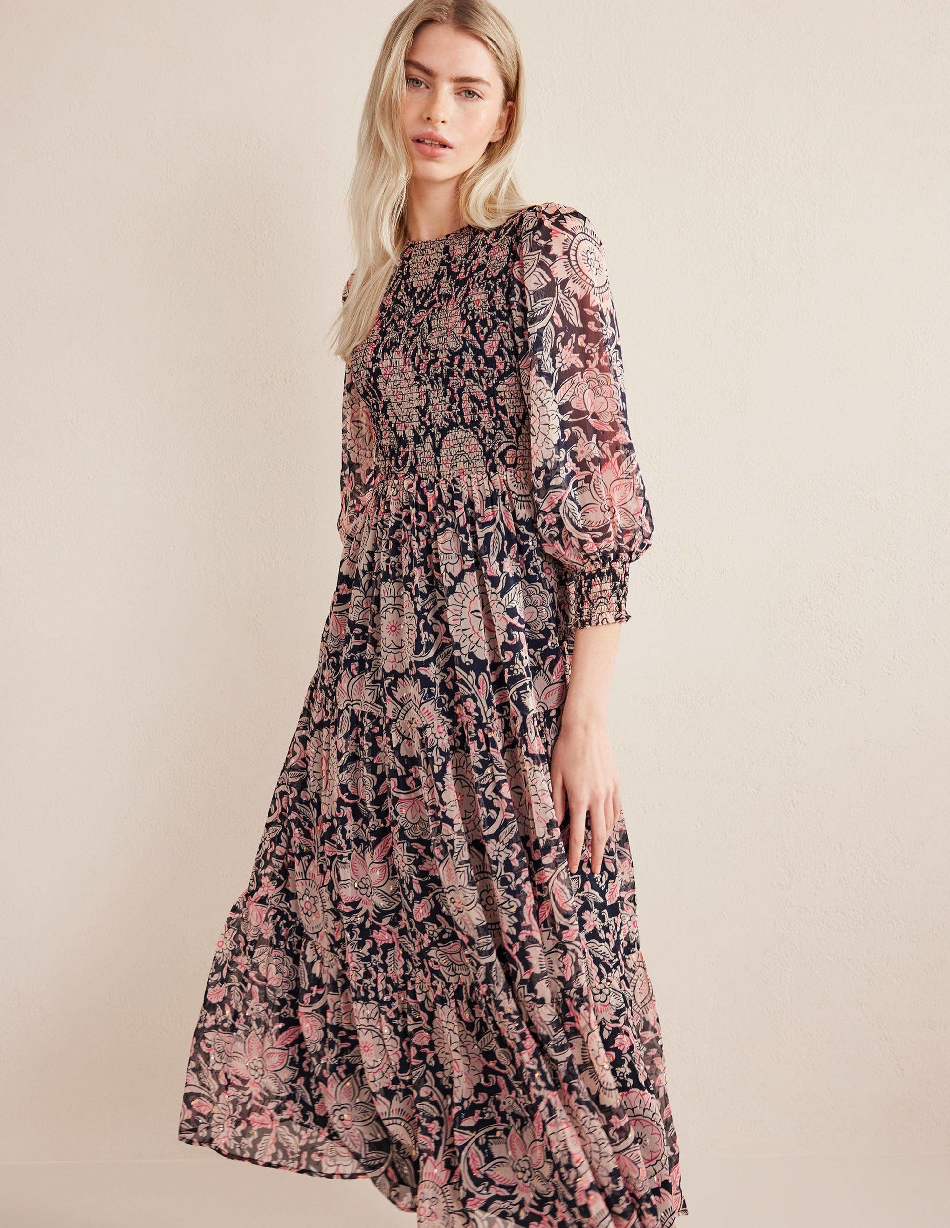 Metallic Smocked Maxi Dress-Popcorn, Floral Tapestry-1