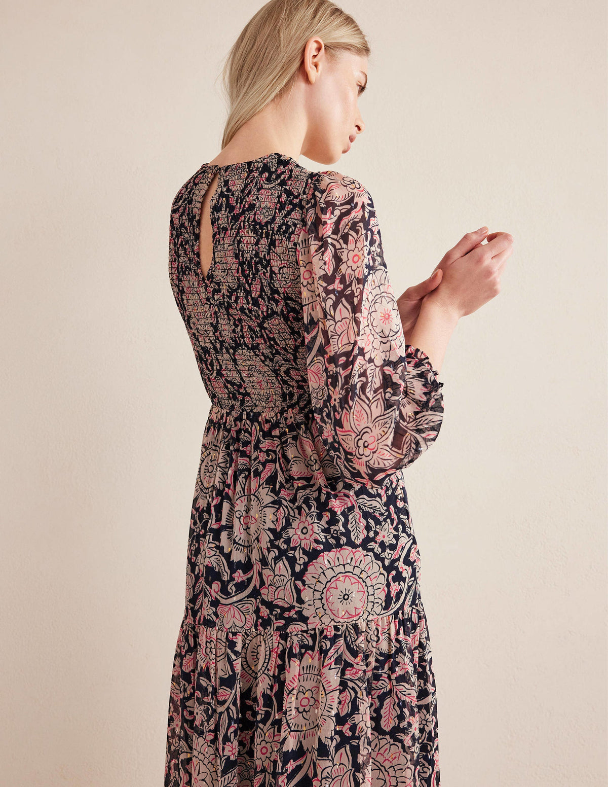 Metallic Smocked Maxi Dress-Popcorn, Floral Tapestry-2