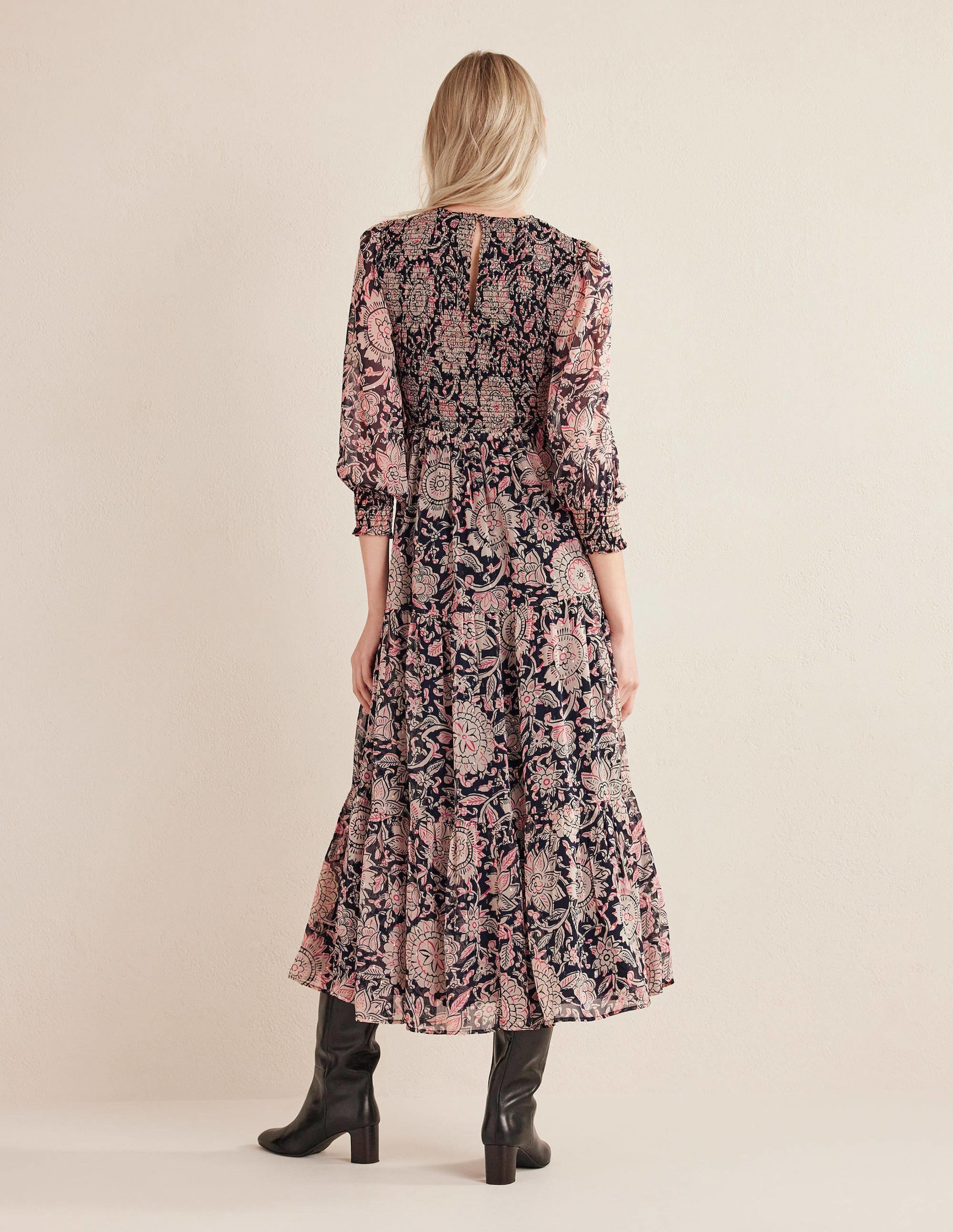 Metallic Smocked Maxi Dress-Popcorn, Floral Tapestry - Image 3
